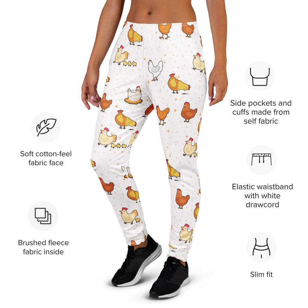 Women’s white recycled jogger pants with cozy fleece inside featuring colorful cartoon chicken pattern and pockets