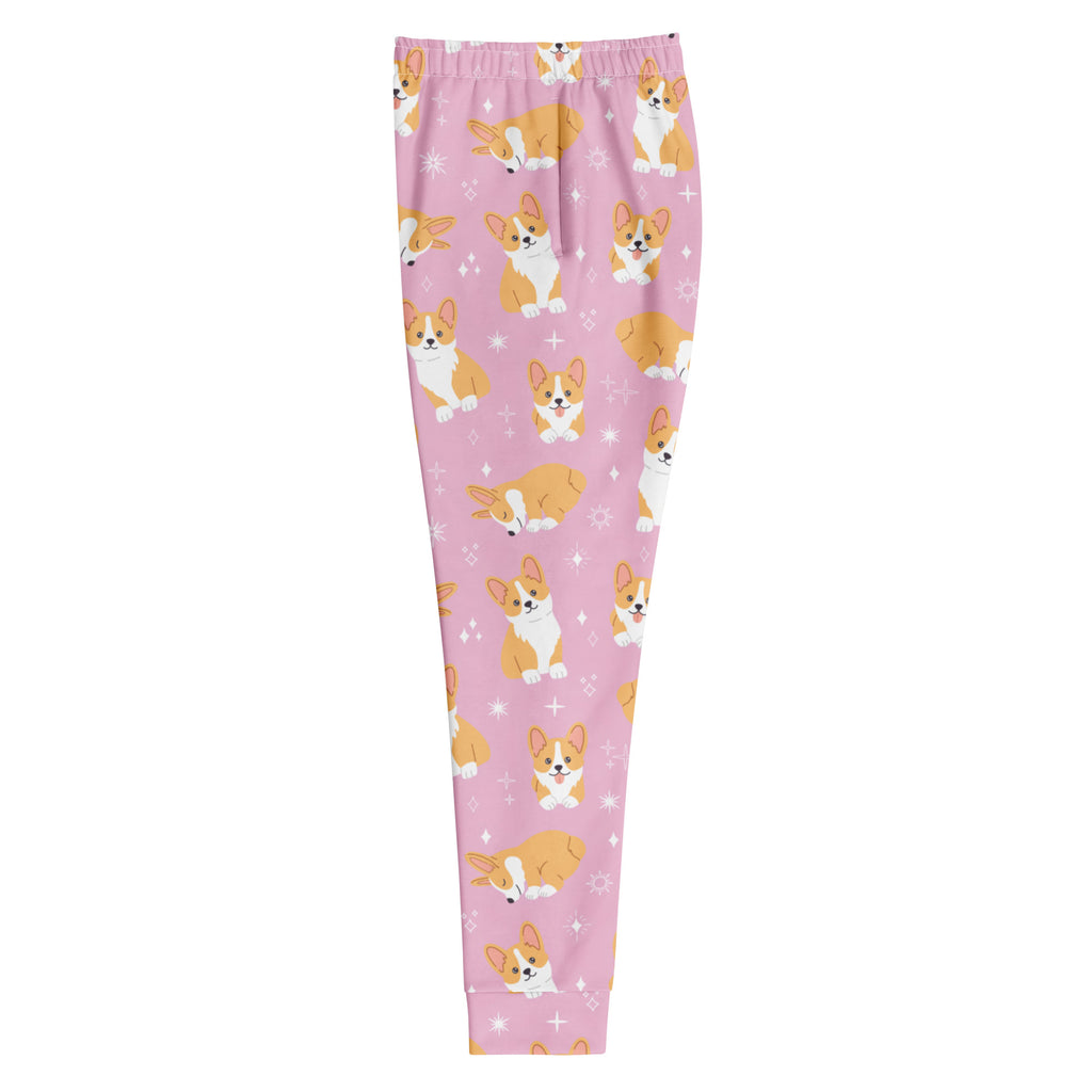 Women’s pink corgi dog recycled jogger pants with pockets featuring playful cartoon corgis and cozy brushed fleece lining