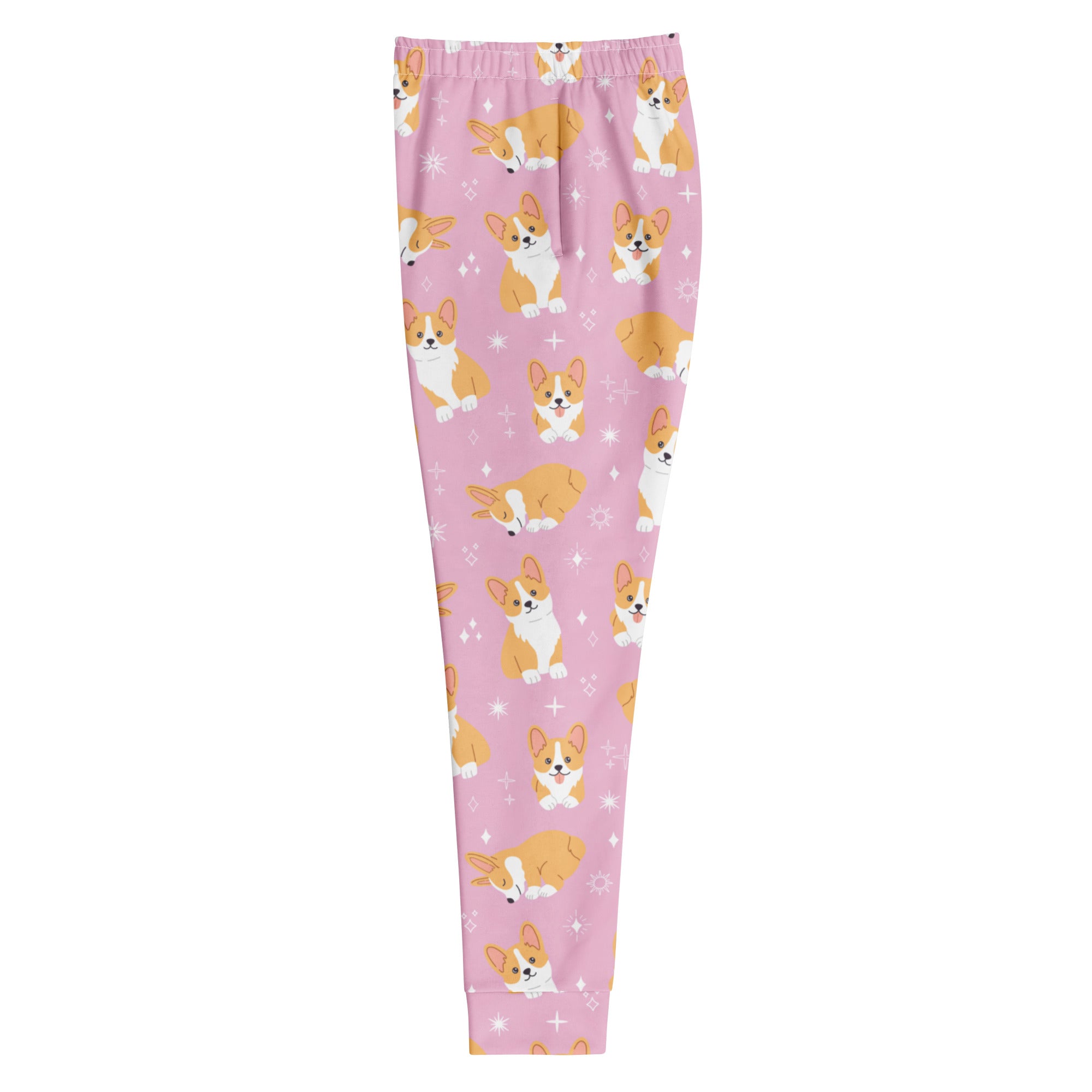 Women’s pink corgi dog recycled jogger pants with pockets featuring playful cartoon corgis and cozy brushed fleece lining