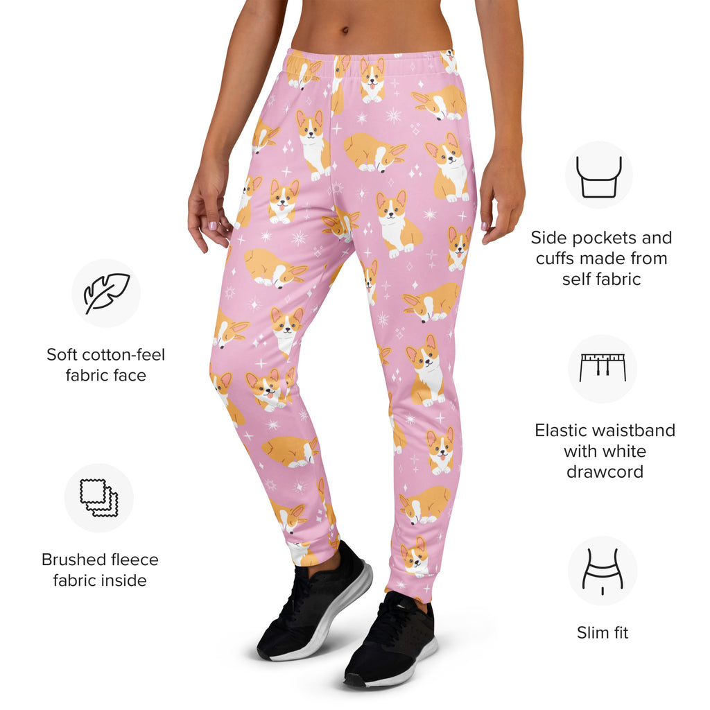 Women’s pink corgi dog recycled jogger pants with pockets featuring soft cotton-feel fabric and cozy brushed fleece lining