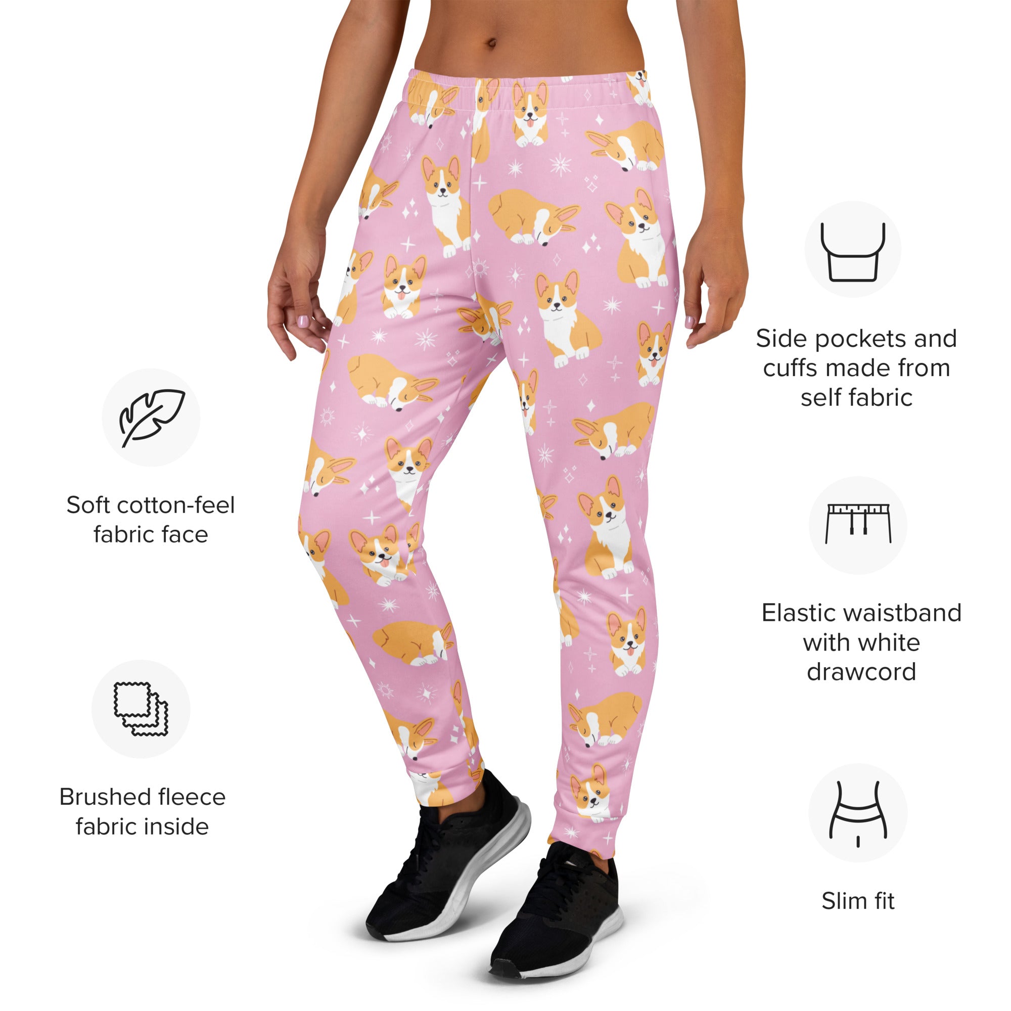 Women’s pink corgi dog recycled jogger pants with pockets featuring soft cotton-feel fabric and cozy brushed fleece lining