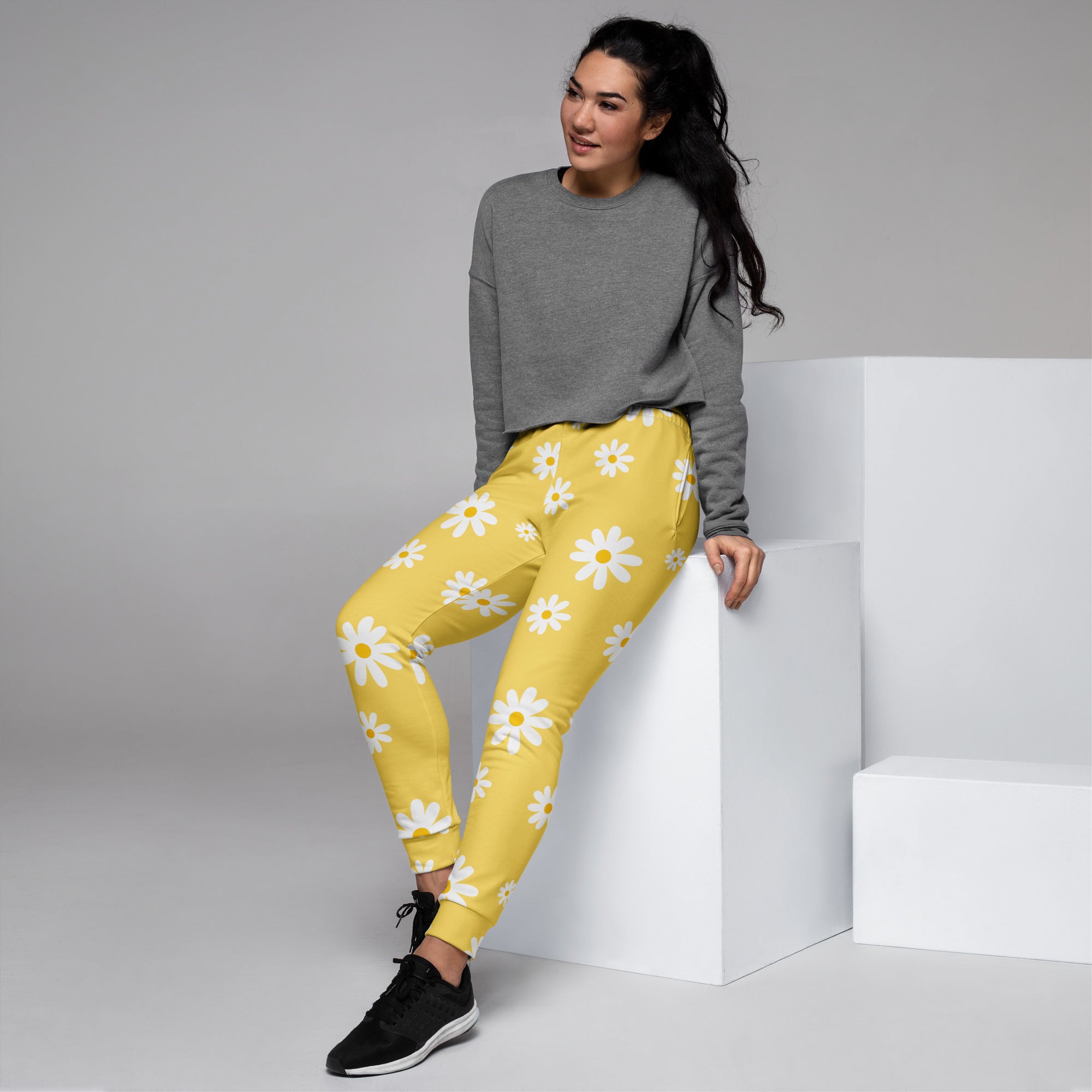Women’s Yellow Daisy Recycled Jogger Pants With Pockets – Cozy Brushed Inside Fleece