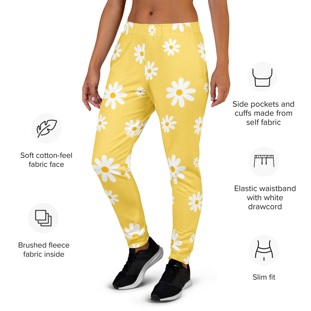 Women’s Yellow Daisy Recycled Jogger Pants With Pockets – Cozy Brushed Inside Fleece