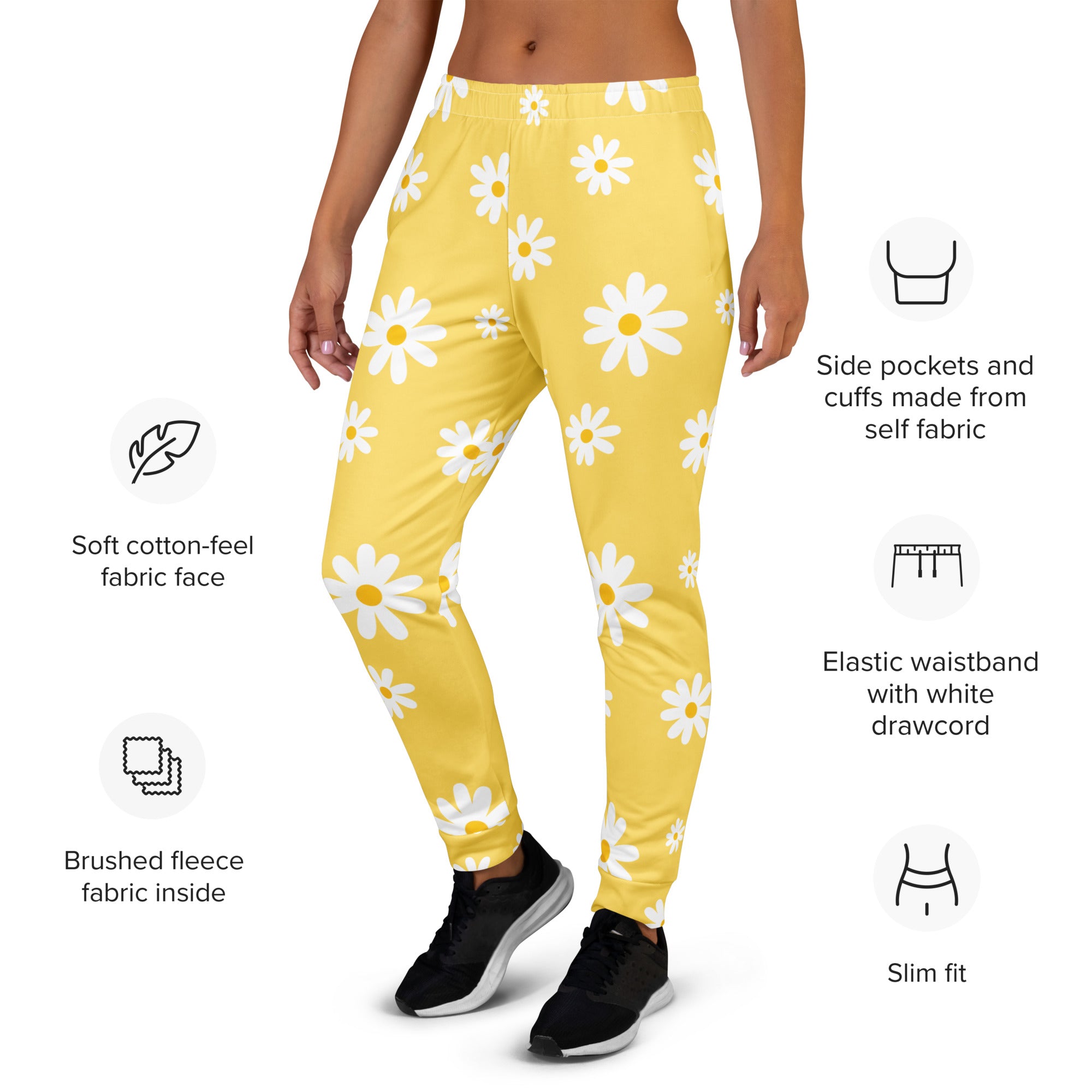 Women’s Yellow Daisy Recycled Jogger Pants With Pockets – Cozy Brushed Inside Fleece