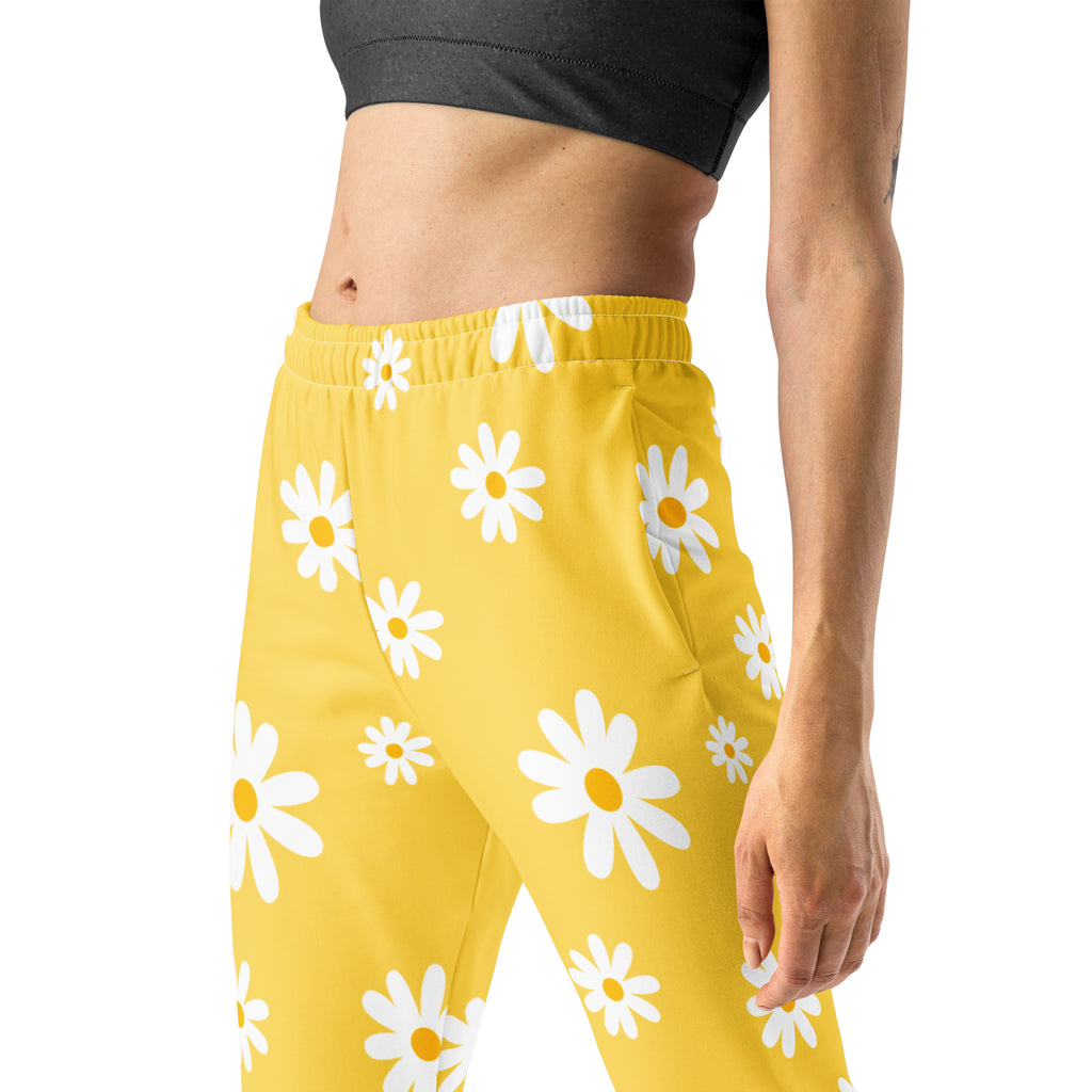 Women’s Yellow Daisy Recycled Jogger Pants With Pockets – Cozy Brushed Inside Fleece