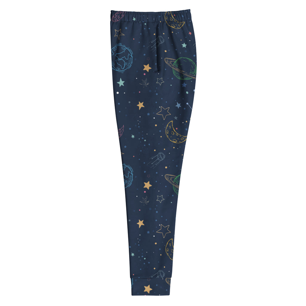 Women’s dark blue space-themed jogger pants with pastel stars moons and rockets cozy brushed fleece lining