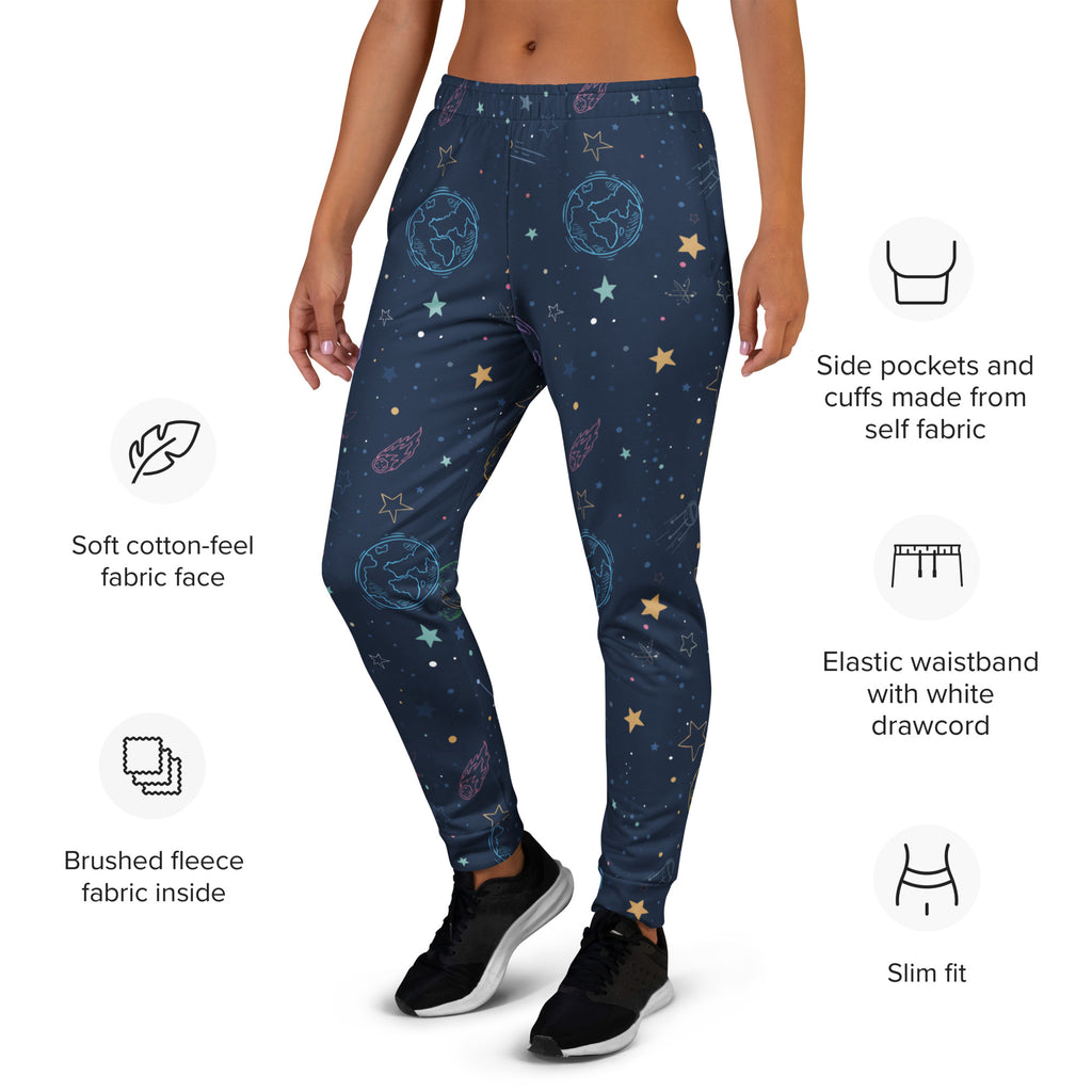 Women’s dark blue galaxy space jogger pants with celestial patterns and cozy brushed inside fleece fabric