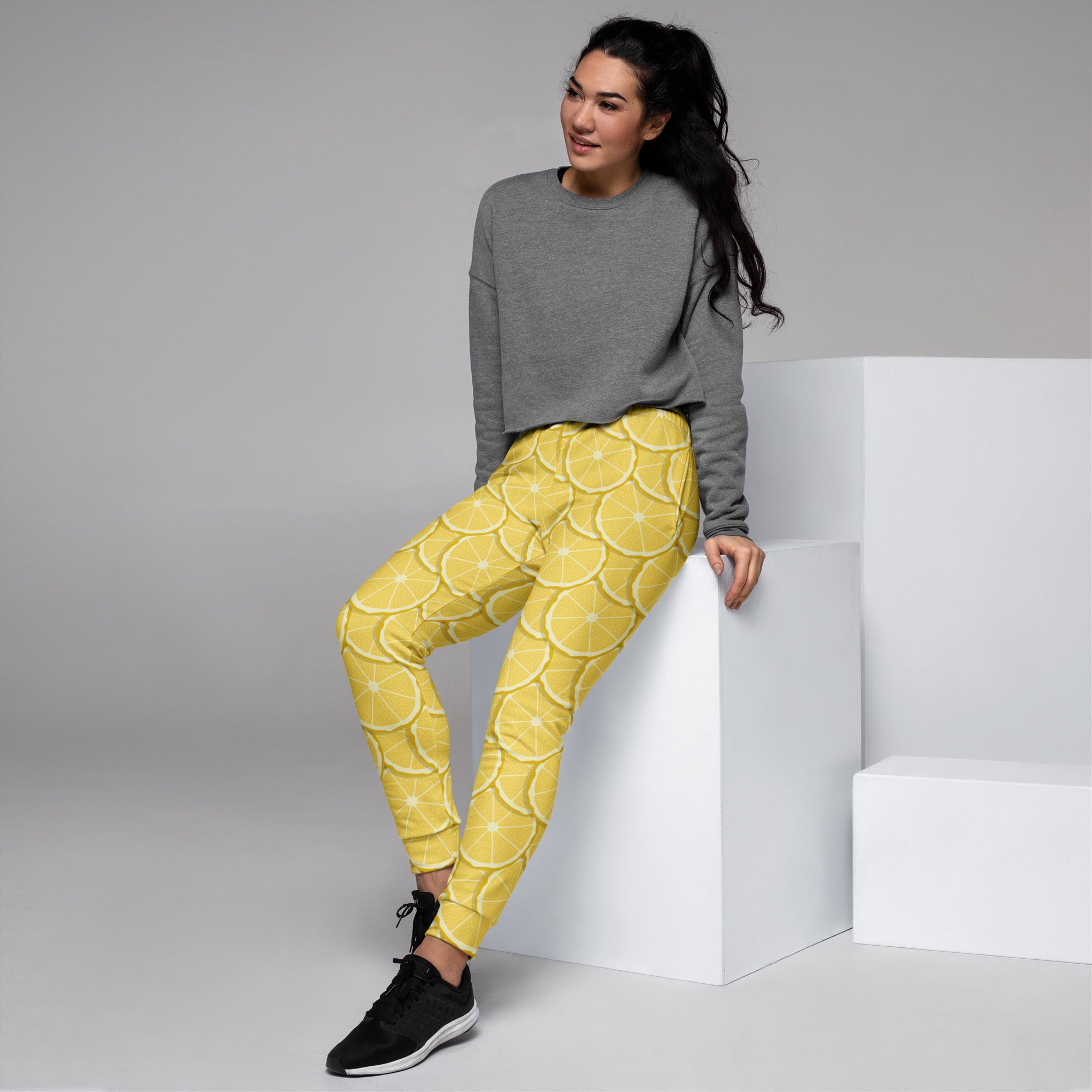 Women’s yellow lemon slice recycled jogger pants with pockets and cozy brushed inside fleece lining