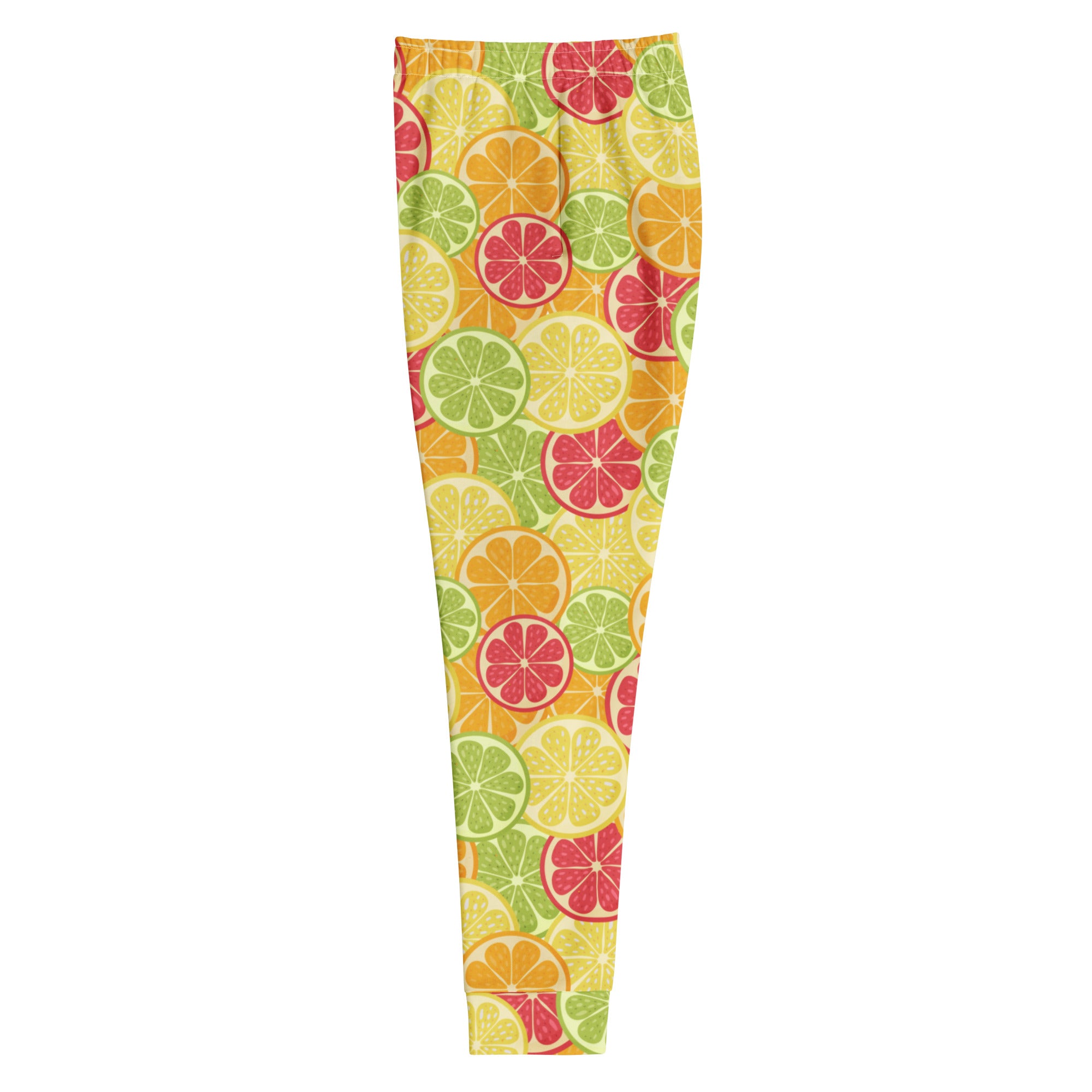 Women’s recycled jogger pants with pockets featuring colorful citrus slice pattern and cozy brushed fleece inside