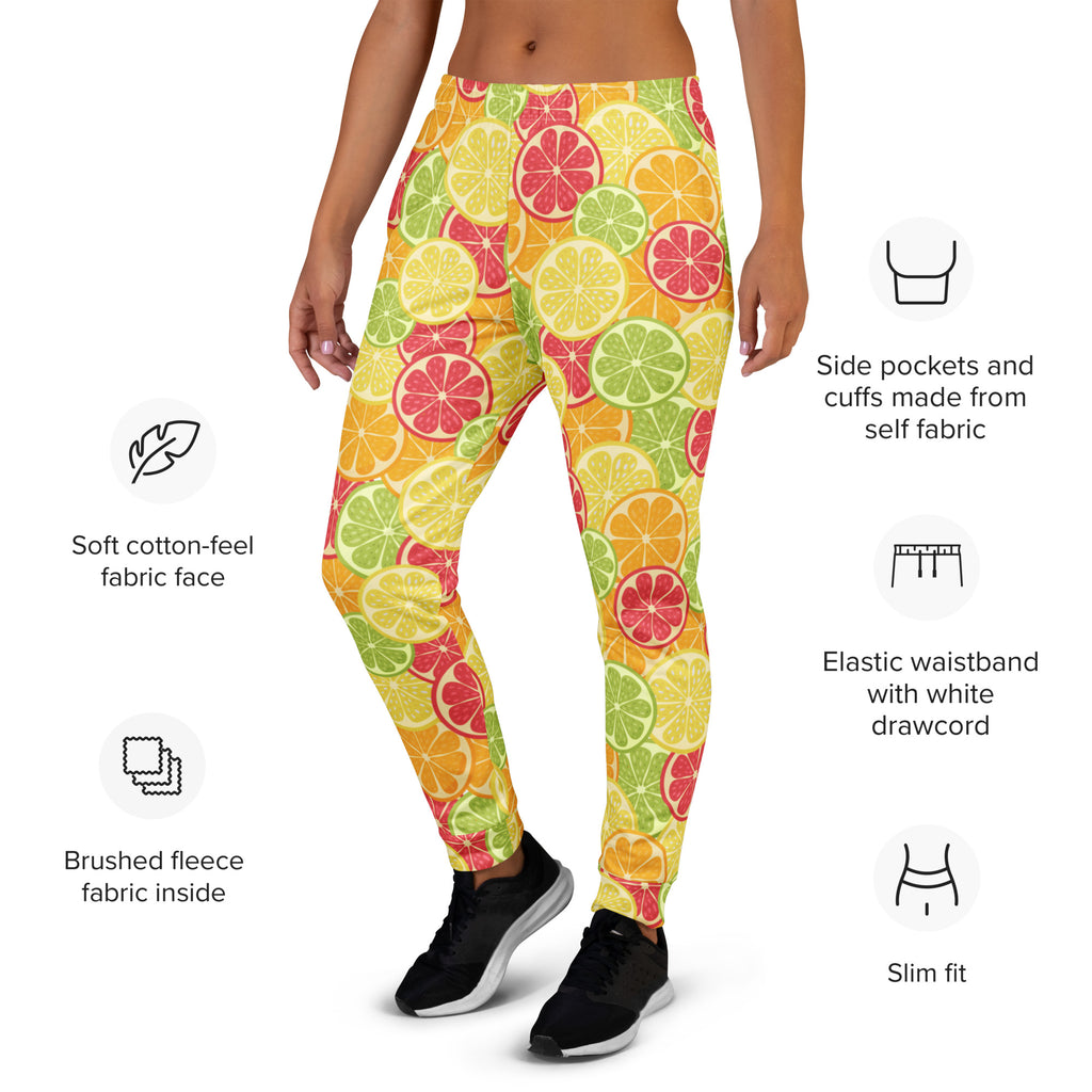 Women’s citrus slice recycled jogger pants with brightly colored pattern soft cotton-feel fabric and cozy brushed fleece lining