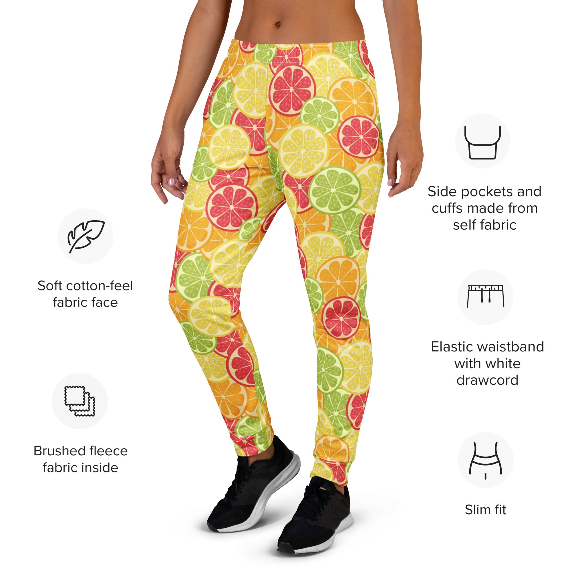 Women’s citrus slice recycled jogger pants with brightly colored pattern soft cotton-feel fabric and cozy brushed fleece lining