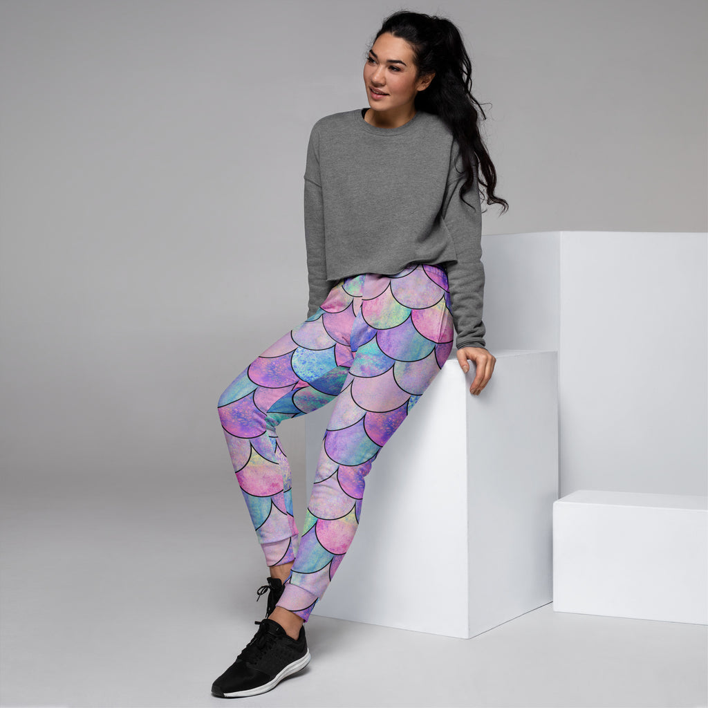 Women’s Pastel Mermaid Scales Recycled Jogger Pants With Pockets – Cozy Brushed Inside Fleece