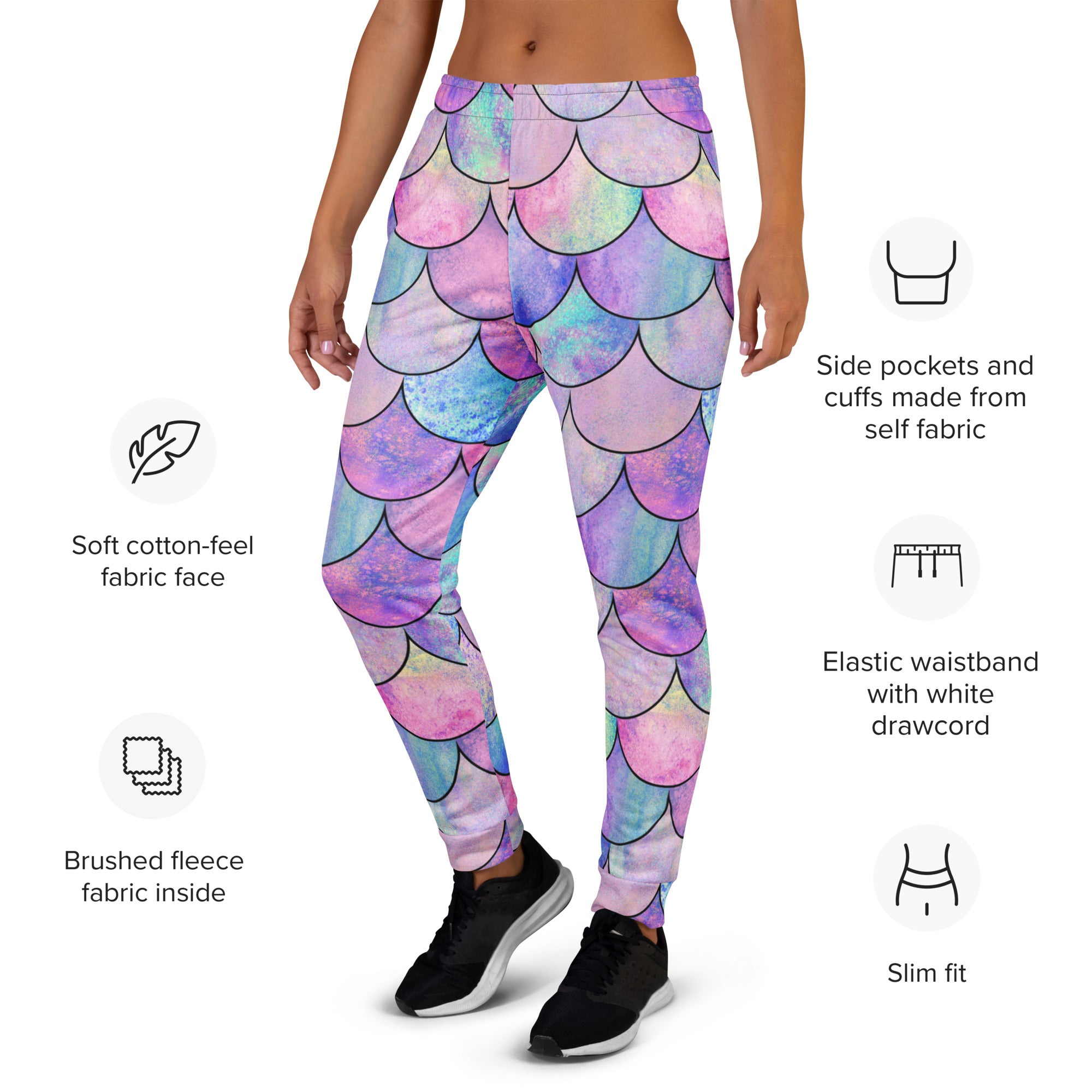 Women’s Pastel Mermaid Scales Recycled Jogger Pants With Pockets – Cozy Brushed Inside Fleece