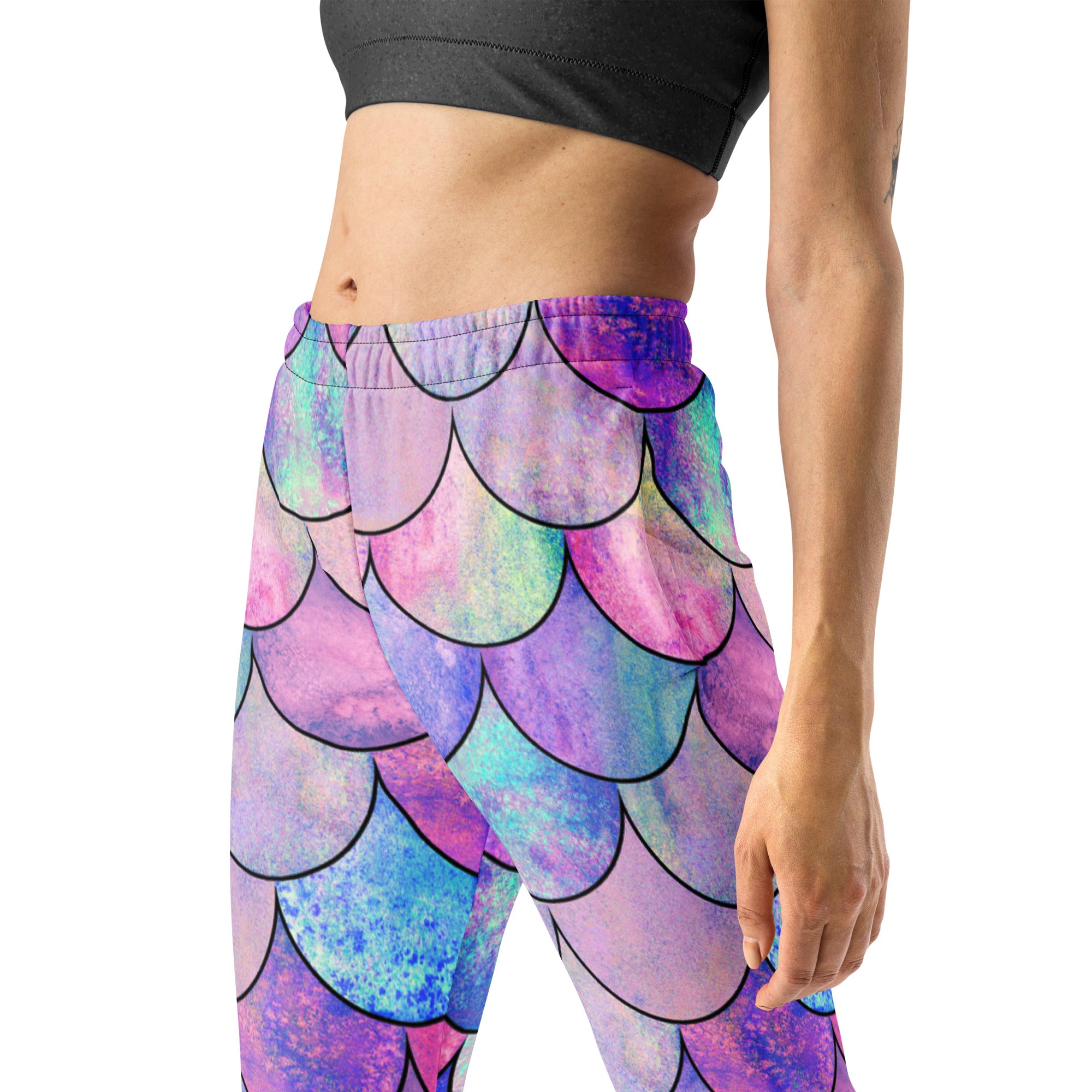 Women’s Pastel Mermaid Scales Recycled Jogger Pants With Pockets – Cozy Brushed Inside Fleece