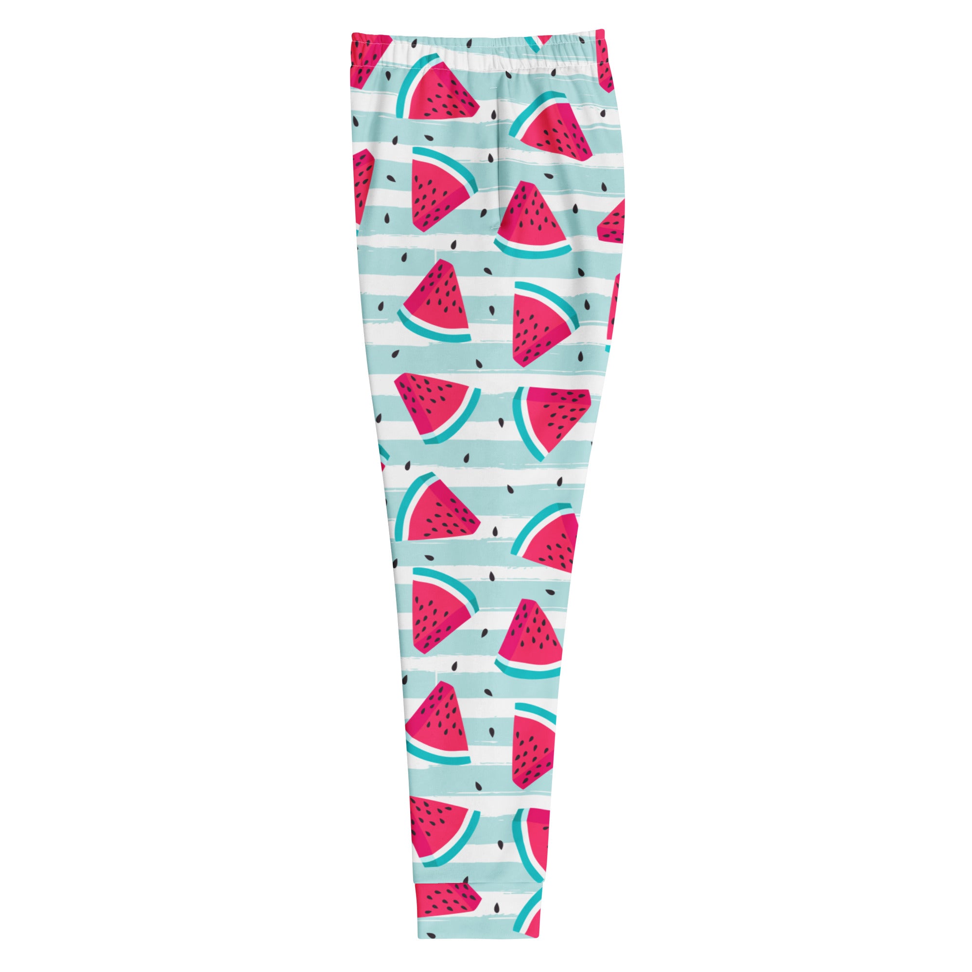 Women’s striped watermelon recycled jogger pants with pockets in mint green and pink featuring black seeds on striped background