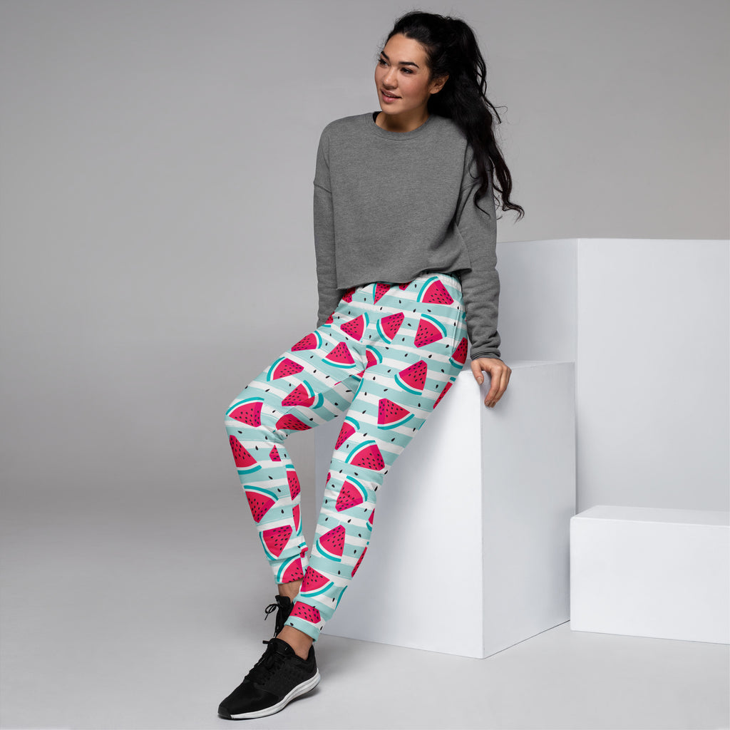 Women’s striped watermelon recycled jogger pants in vibrant pink and mint green with cozy brushed fleece lining