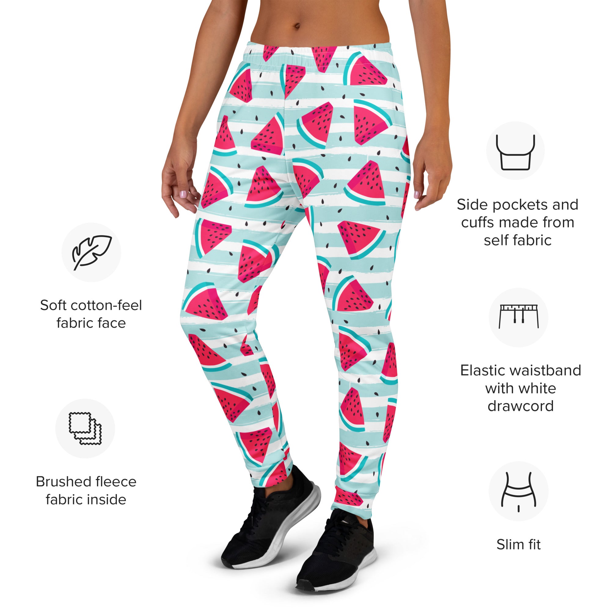 Women’s striped watermelon recycled jogger pants with pockets featuring soft cotton-feel fabric and brushed fleece lining
