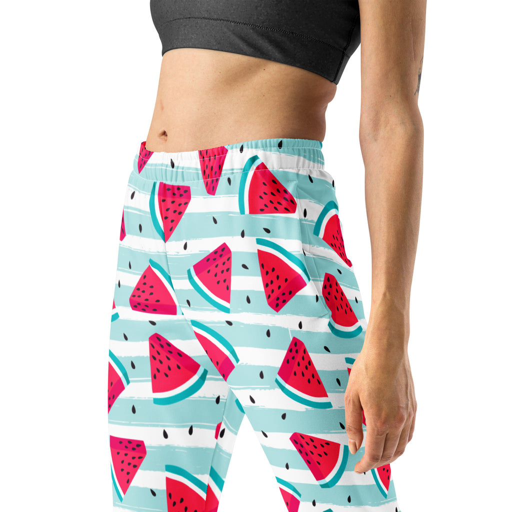 Women’s striped watermelon recycled jogger pants with pockets in bright red teal and white cozy brushed fleece