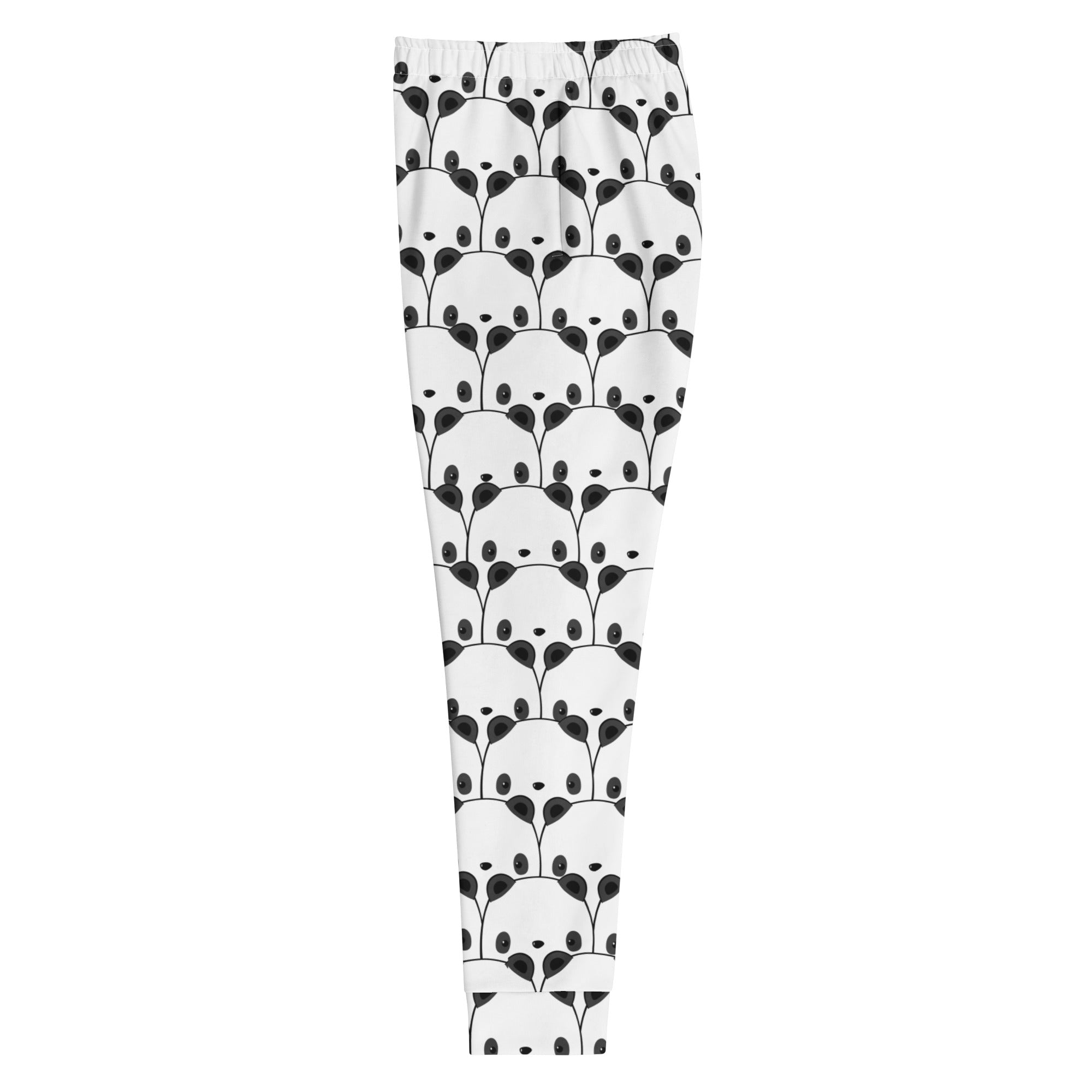 Women’s white recycled jogger pants with cozy brushed fleece inside featuring black panda face pattern with pockets