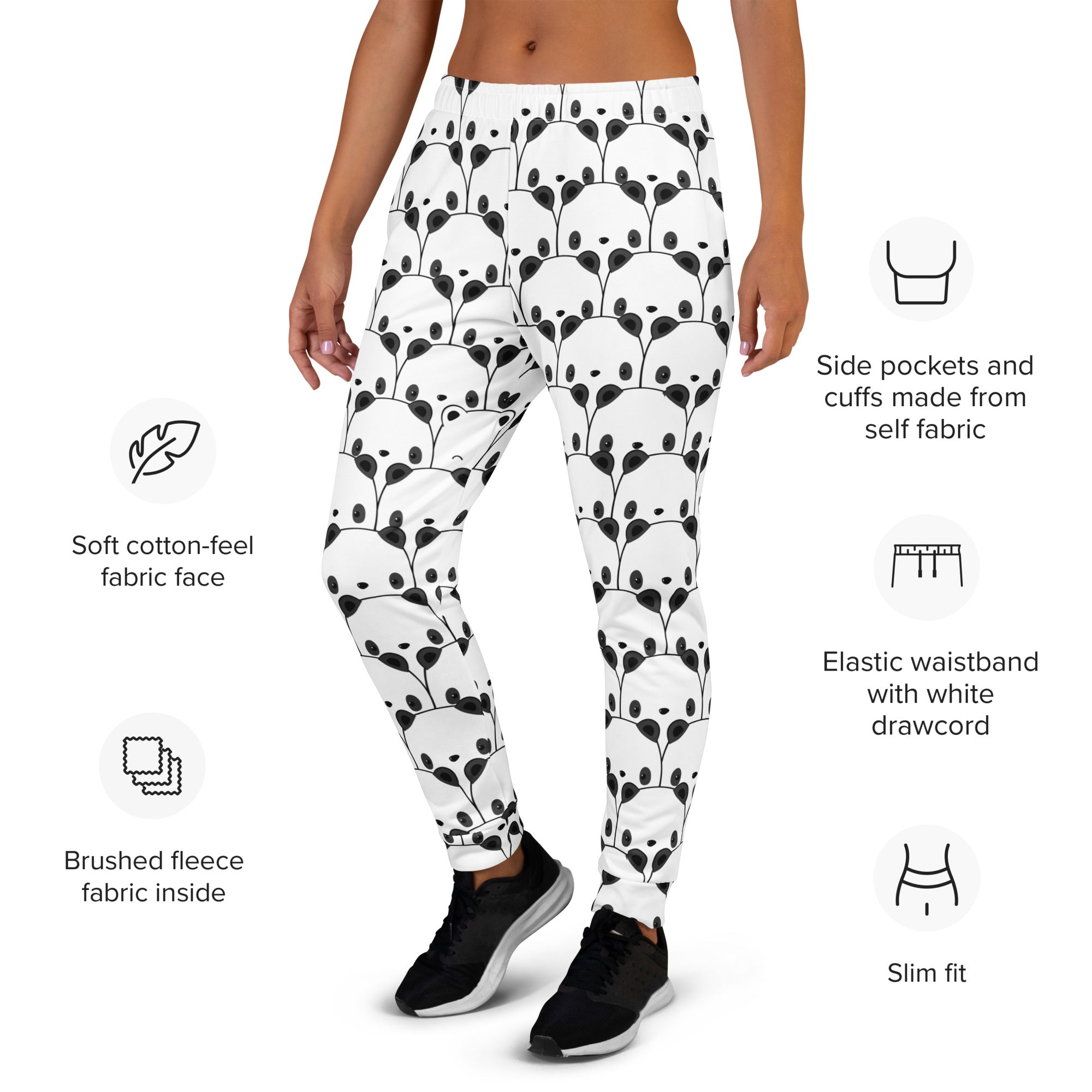 White womens panda recycled jogger pants with black panda pattern soft cotton feel and cozy brushed fleece lining
