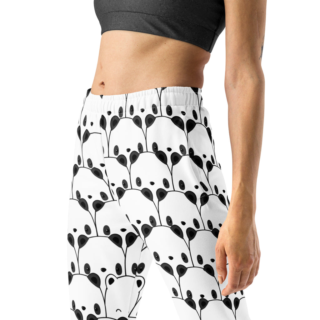 Women’s white recycled jogger pants with black panda pattern cozy brushed inside fleece and pockets