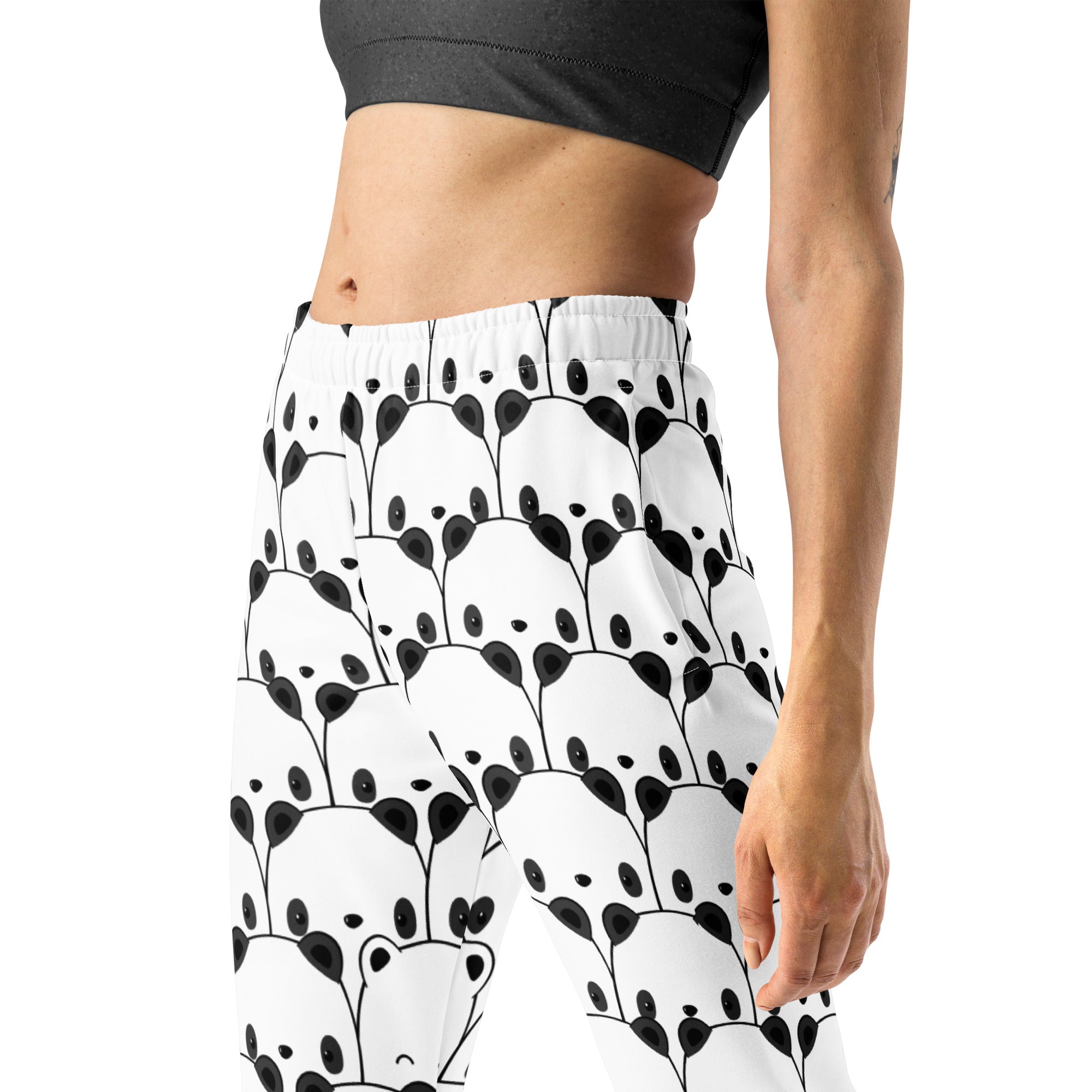 Women’s white recycled jogger pants with black panda pattern cozy brushed inside fleece and pockets