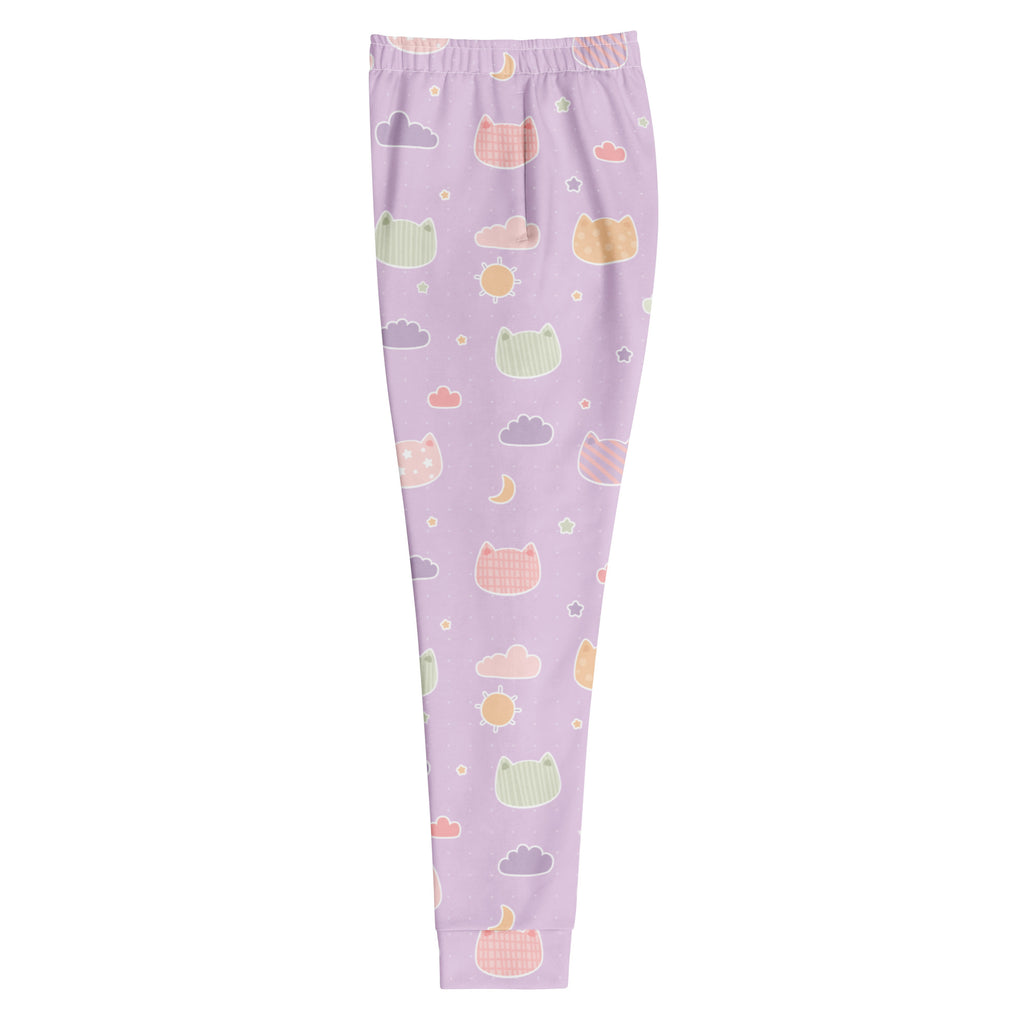 Women’s pastel lavender joggers with playful pastel cat faces clouds and celestial print cozy brushed fleece lining