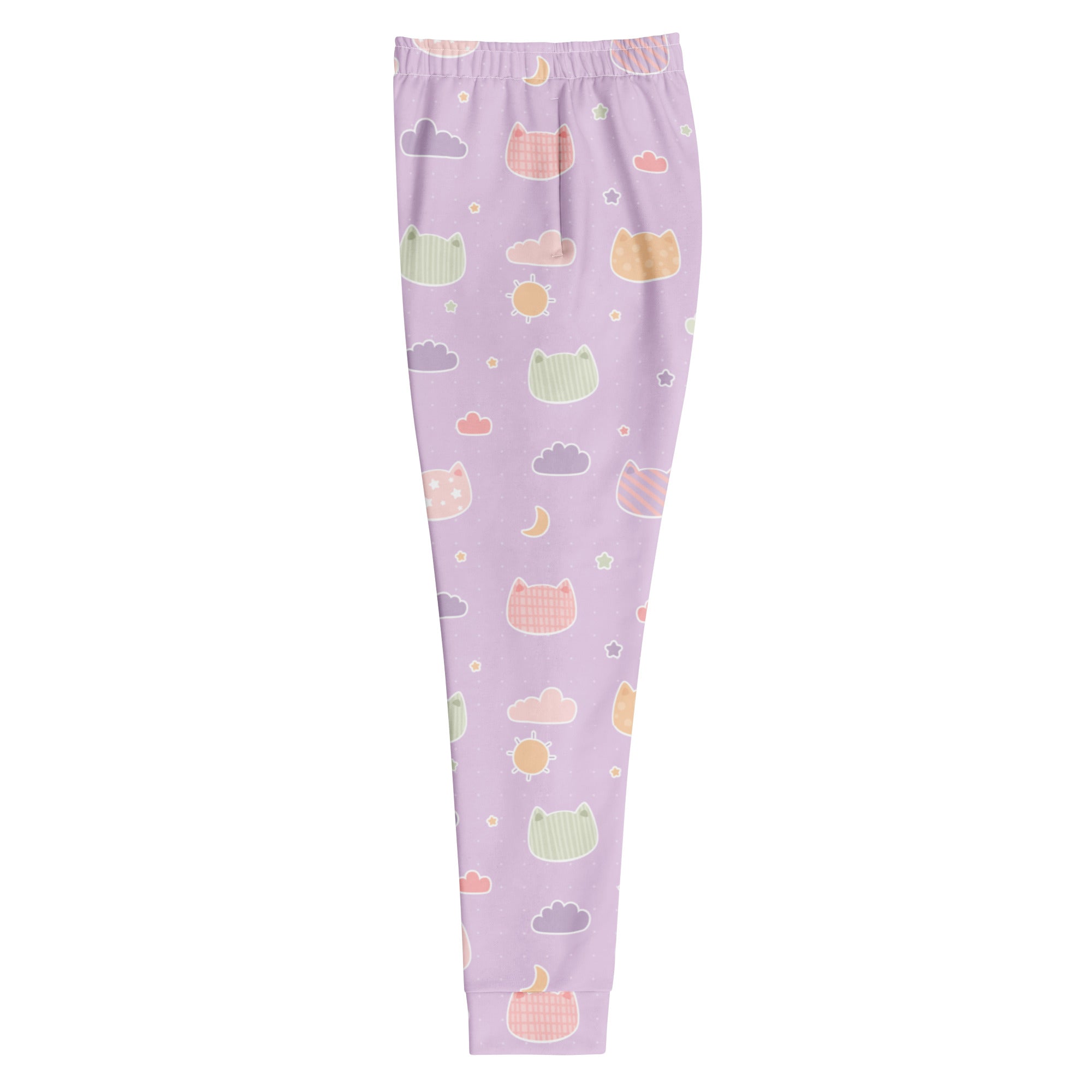 Women’s pastel lavender joggers with playful pastel cat faces clouds and celestial print cozy brushed fleece lining