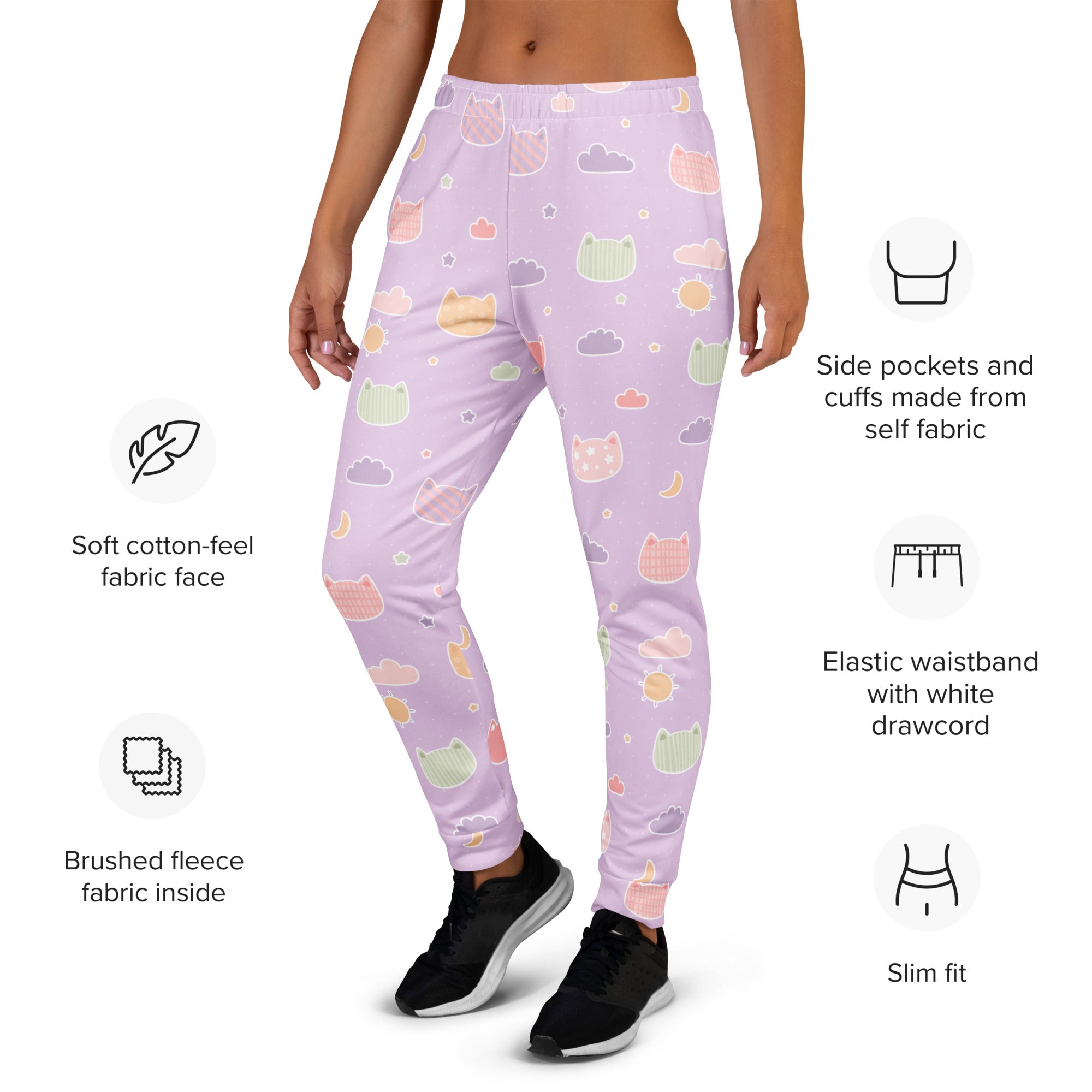 Women’s pastel purple kawaii cats and clouds jogger pants with pockets made from recycled cozy fleece material