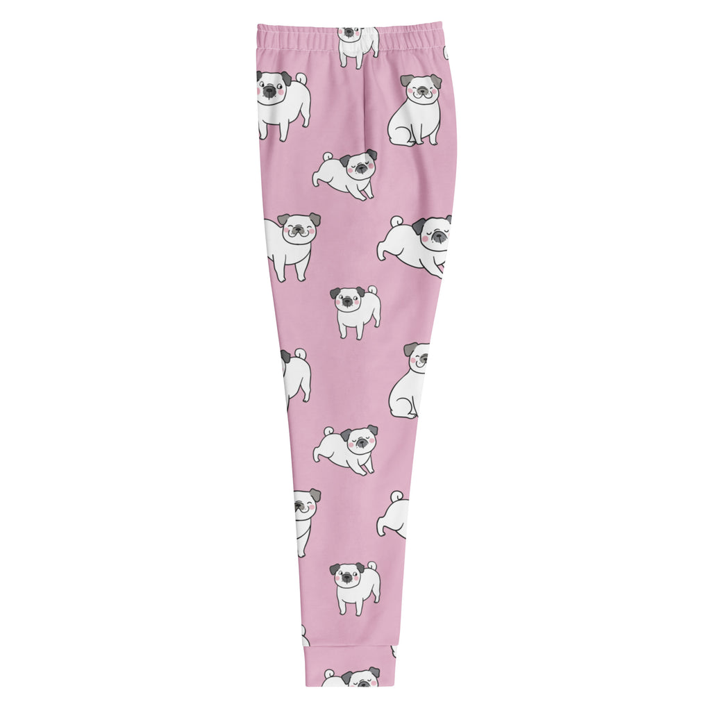 Women’s pink pug recycled jogger pants with pockets featuring white pug pattern and cozy brushed fleece inside