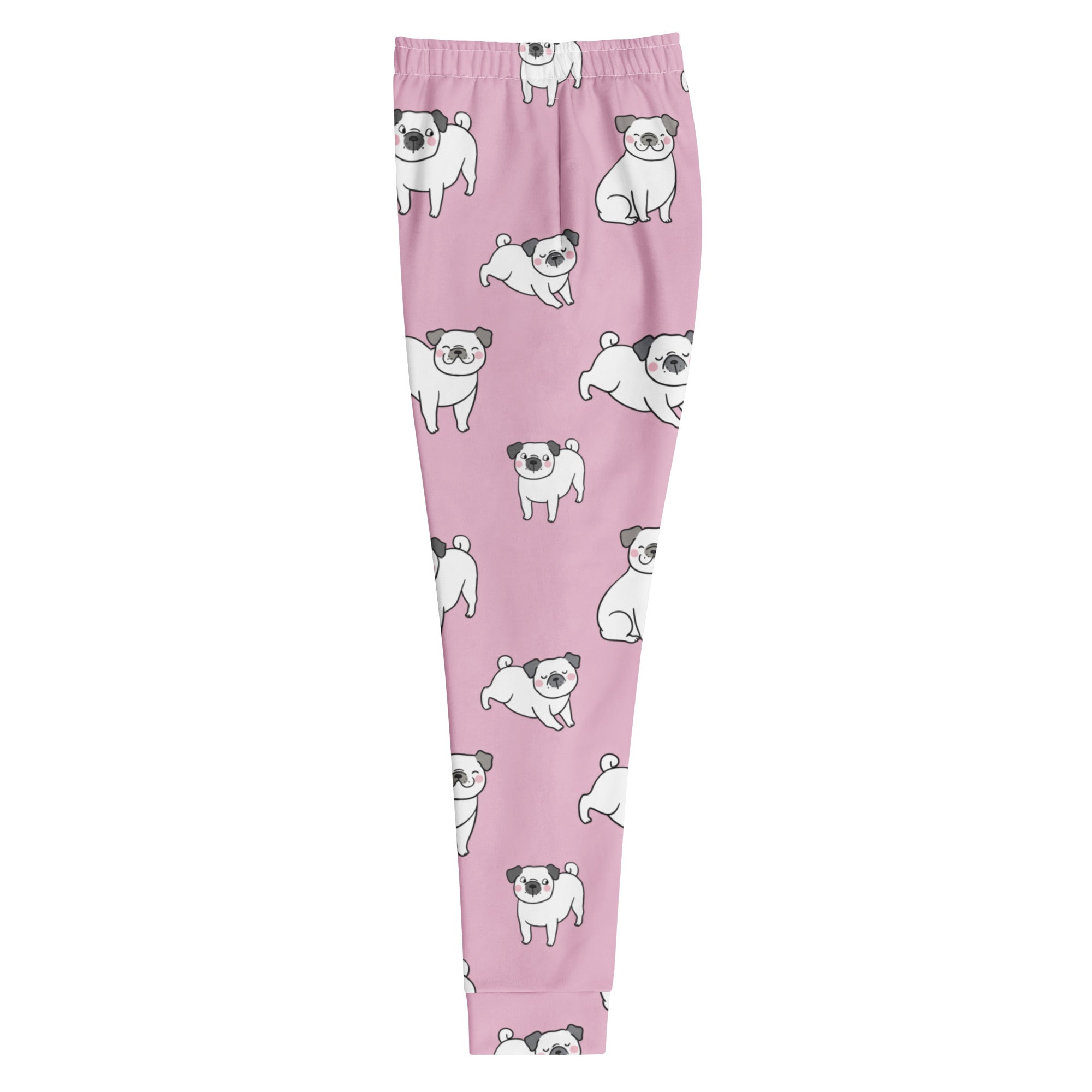 Women’s pink pug recycled jogger pants with pockets featuring white pug pattern and cozy brushed fleece inside