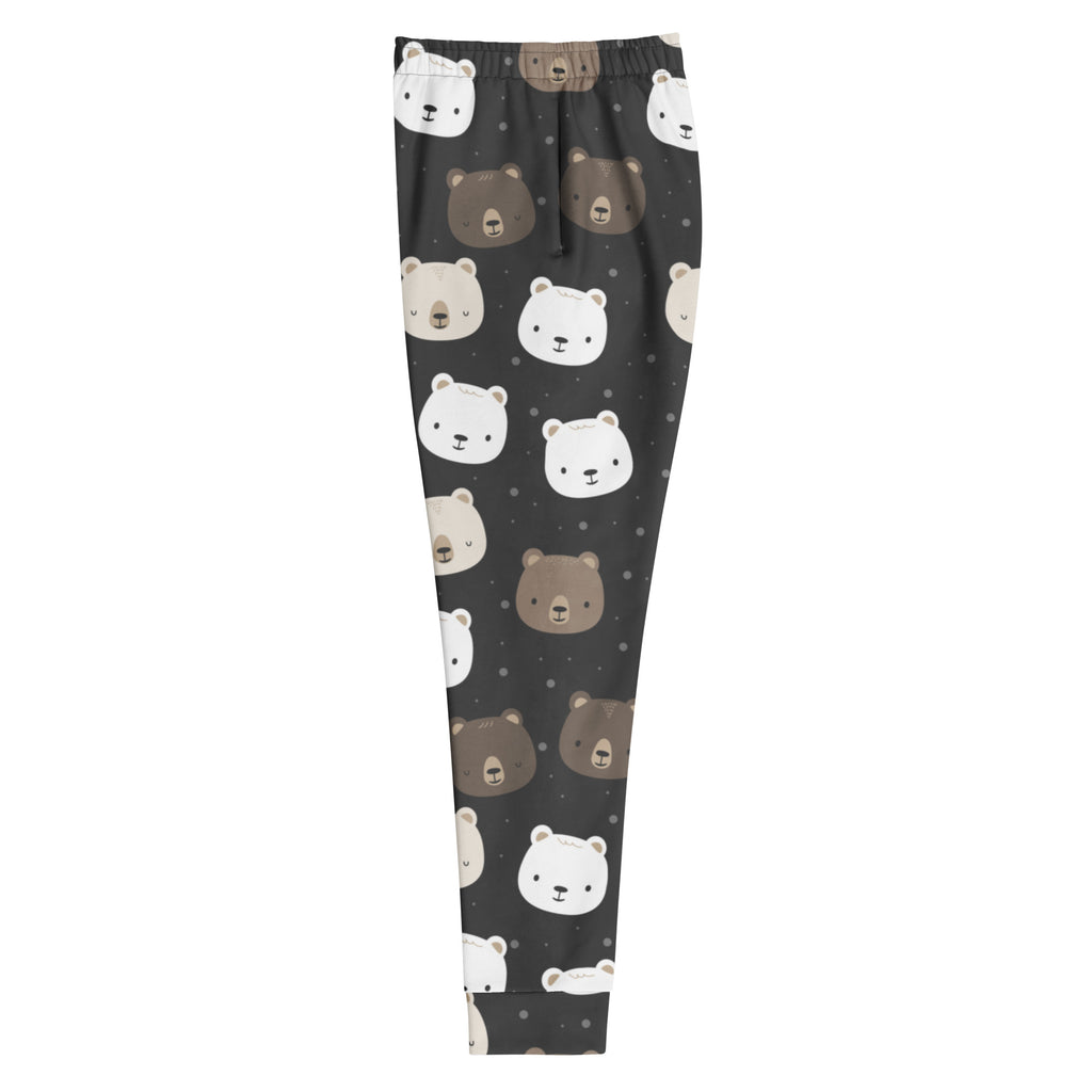 Dark gray women’s jogger pants with cozy brushed fleece inside featuring playful white and brown cartoon bear pattern