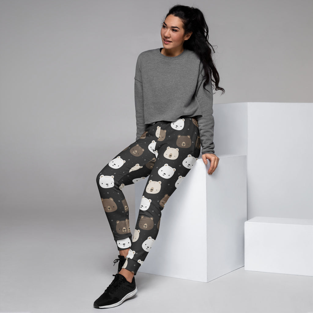 Dark gray women’s recycled jogger pants with playful white and brown bear faces and cozy brushed inside fleece