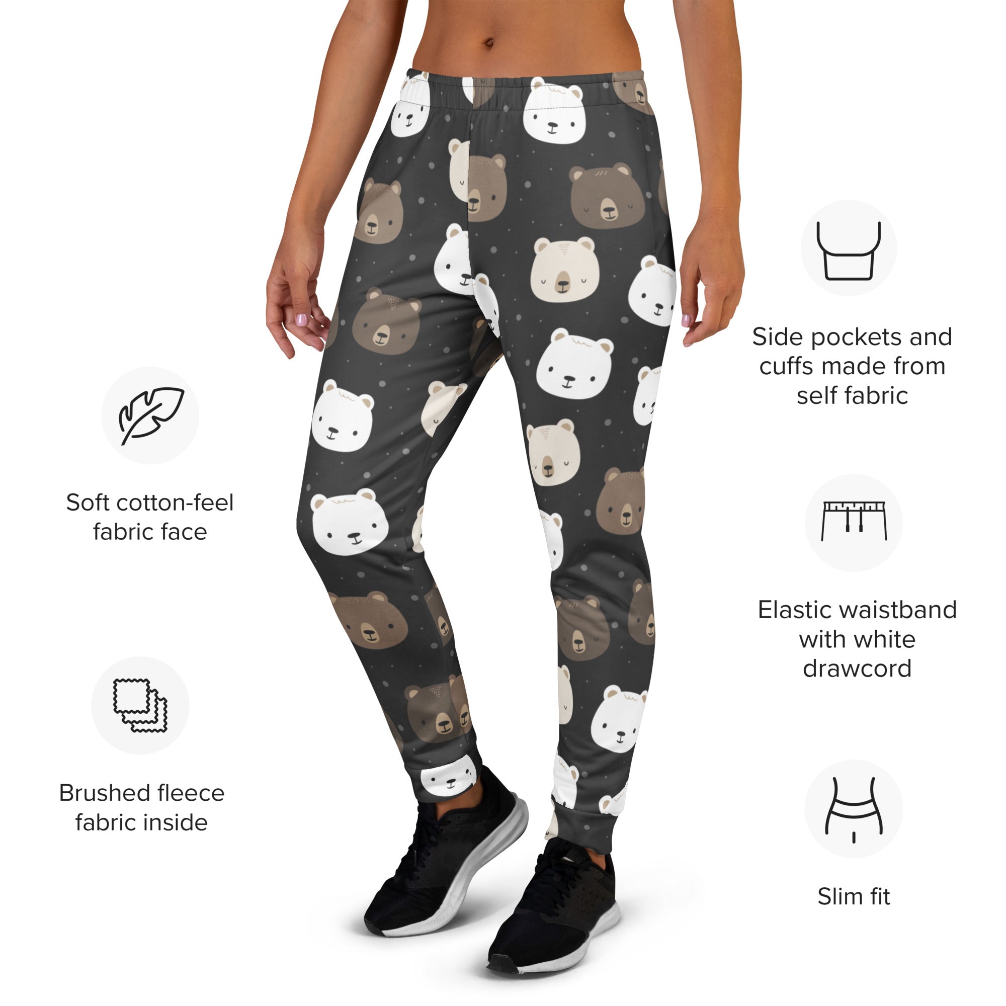 Dark gray women’s recycled jogger pants with playful white and brown bear face pattern cozy brushed fleece lining
