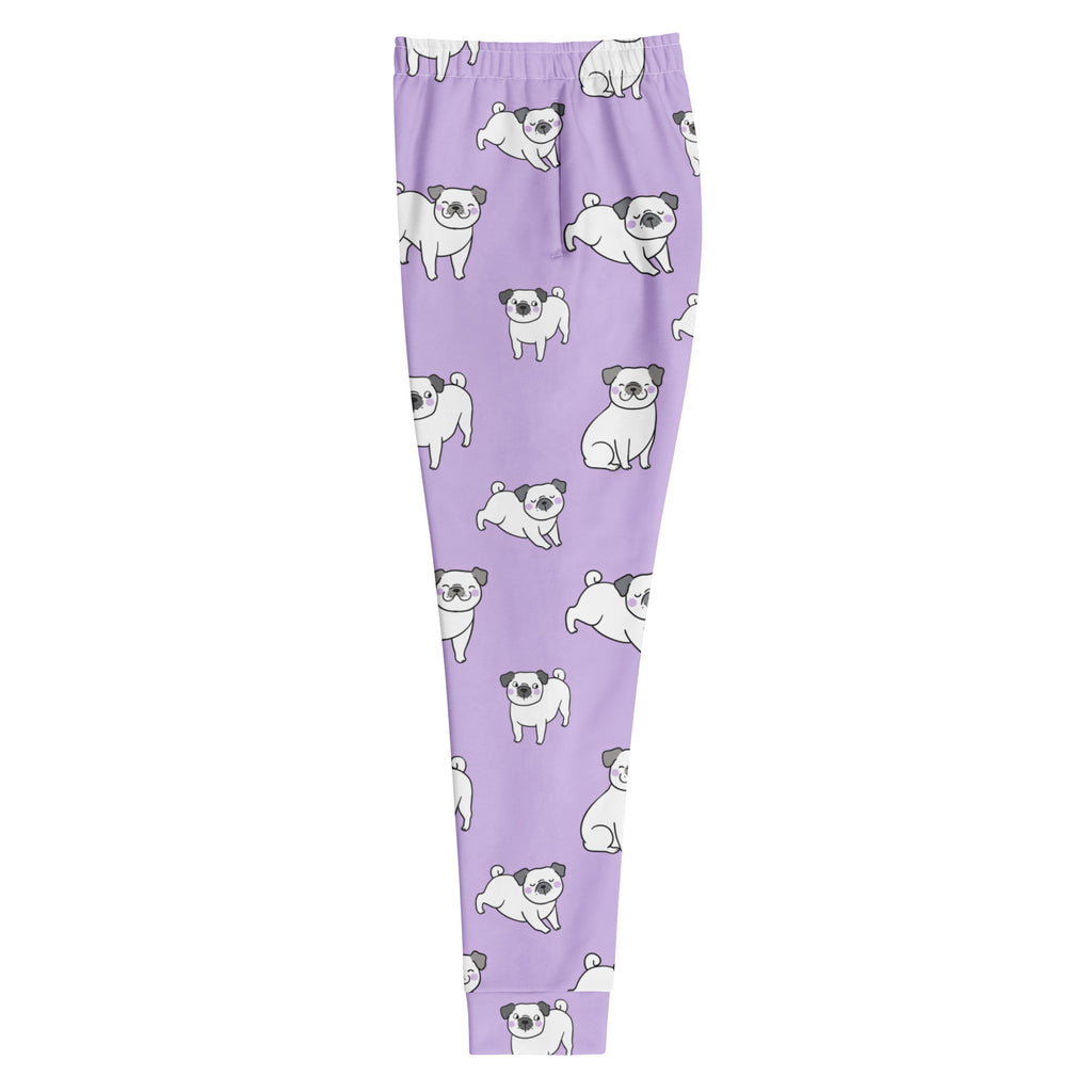 Women’s purple recycled jogger pants with white pug pattern black ears cozy brushed fleece inside and pockets