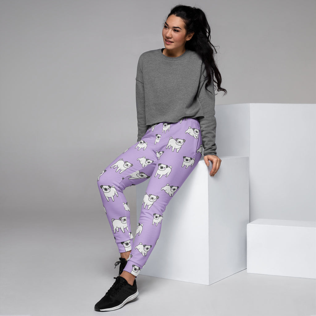 Women’s purple recycled jogger pants with white pug pattern cozy brushed fleece inside and pockets