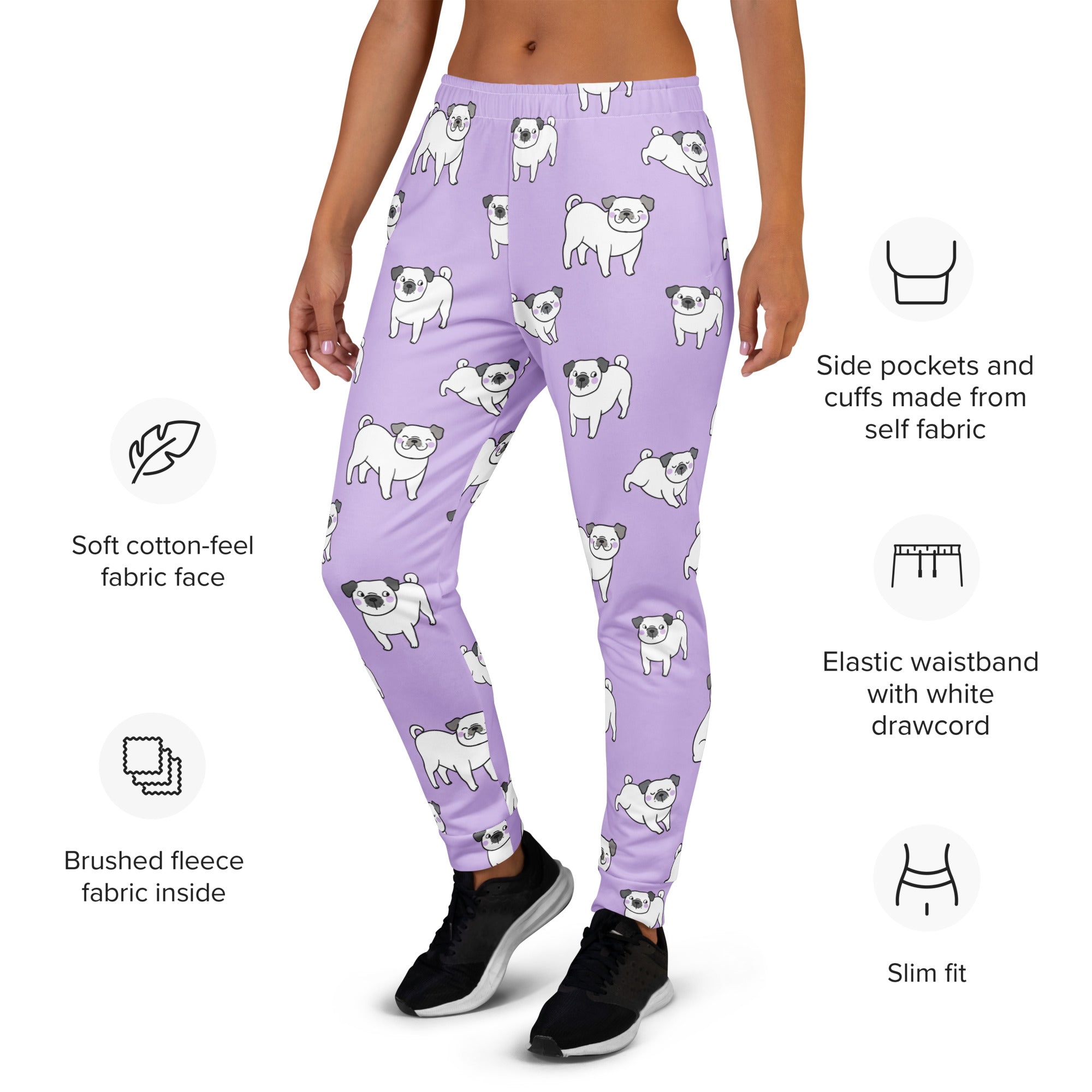 Lilac purple women’s jogger pants with white pug pattern cozy brushed inside fleece and pockets