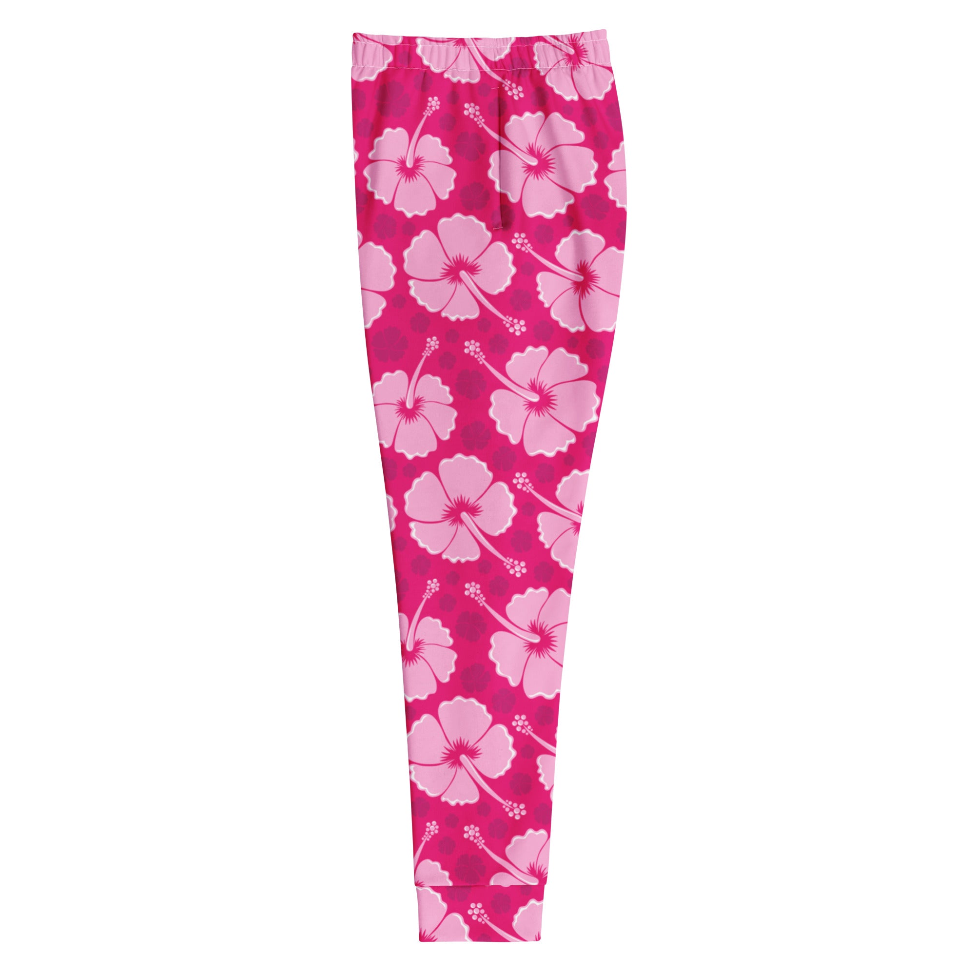Women’s pink hibiscus floral recycled jogger pants with pockets in vibrant magenta and cozy brushed inside fleece