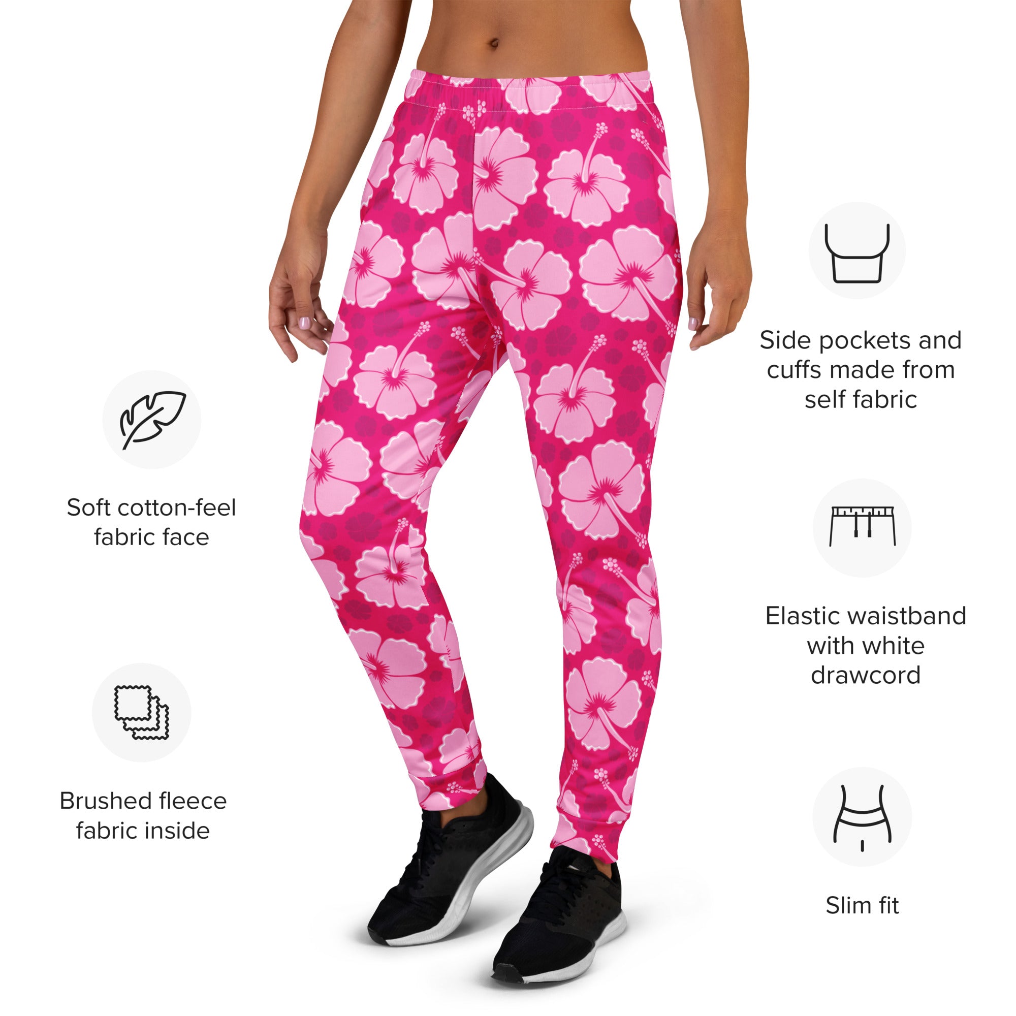Women’s pink hibiscus floral recycled jogger pants with soft cotton feel fabric and cozy brushed inside fleece lining