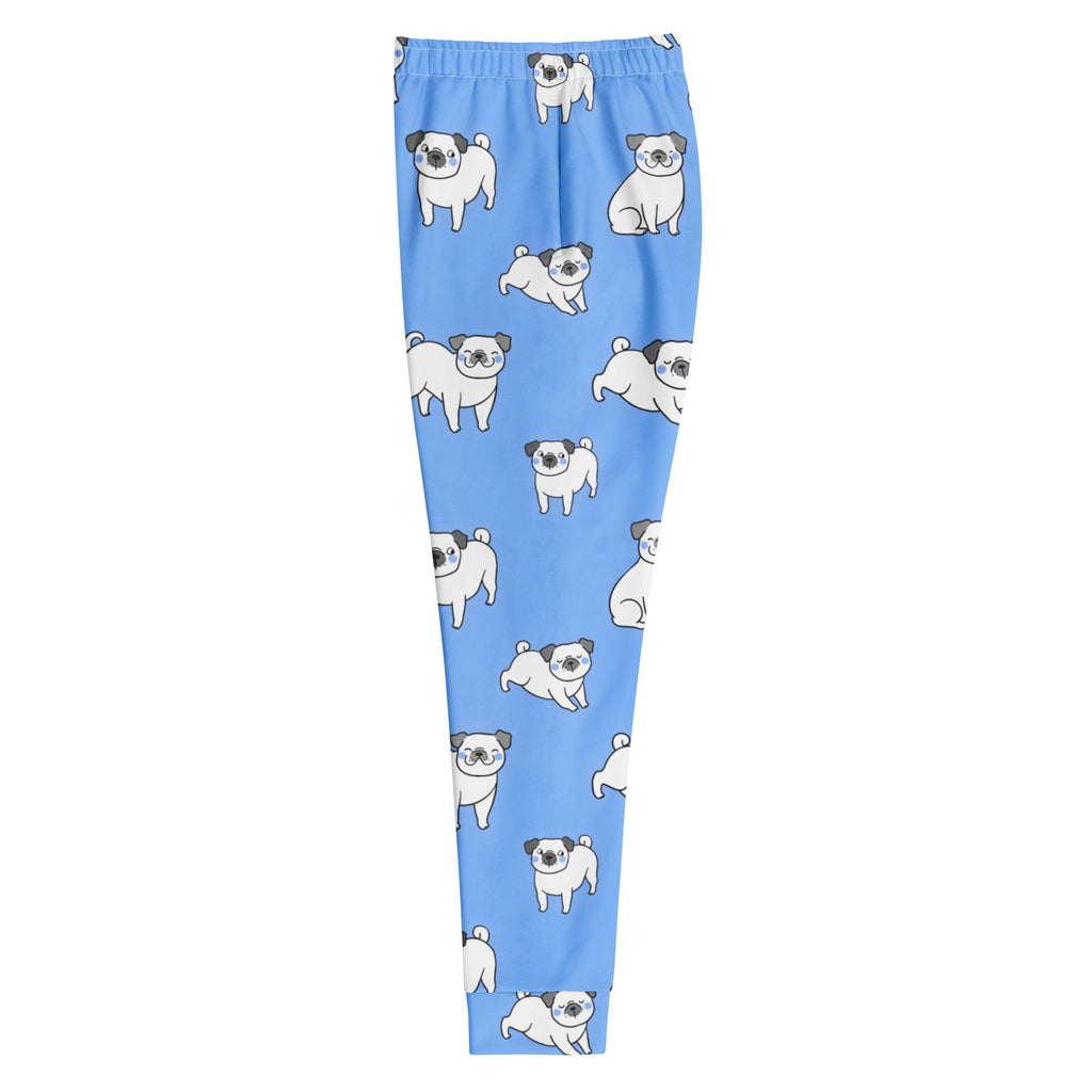 Women’s light blue recycled jogger pants with pockets featuring playful white pugs and cozy brushed fleece inside