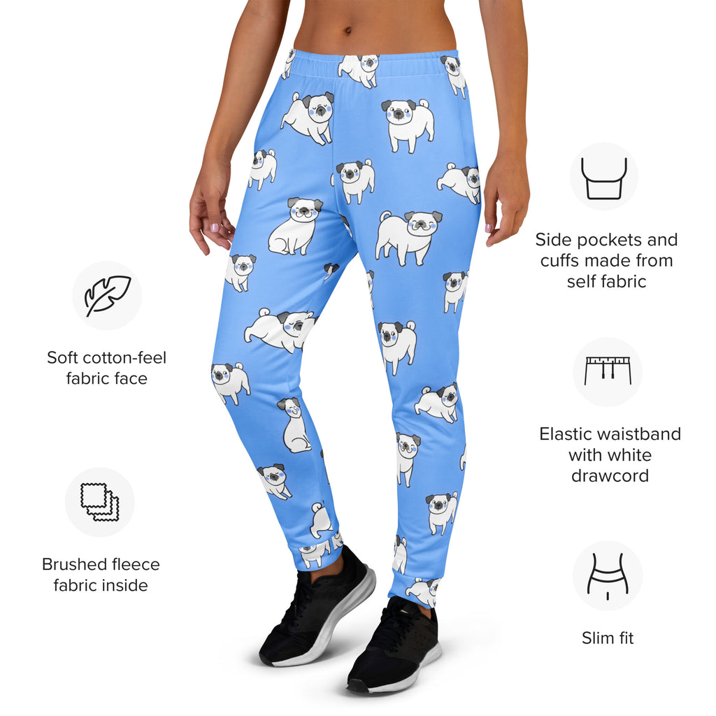 Women’s light blue recycled jogger pants with pockets featuring white pug print and cozy brushed fleece inside
