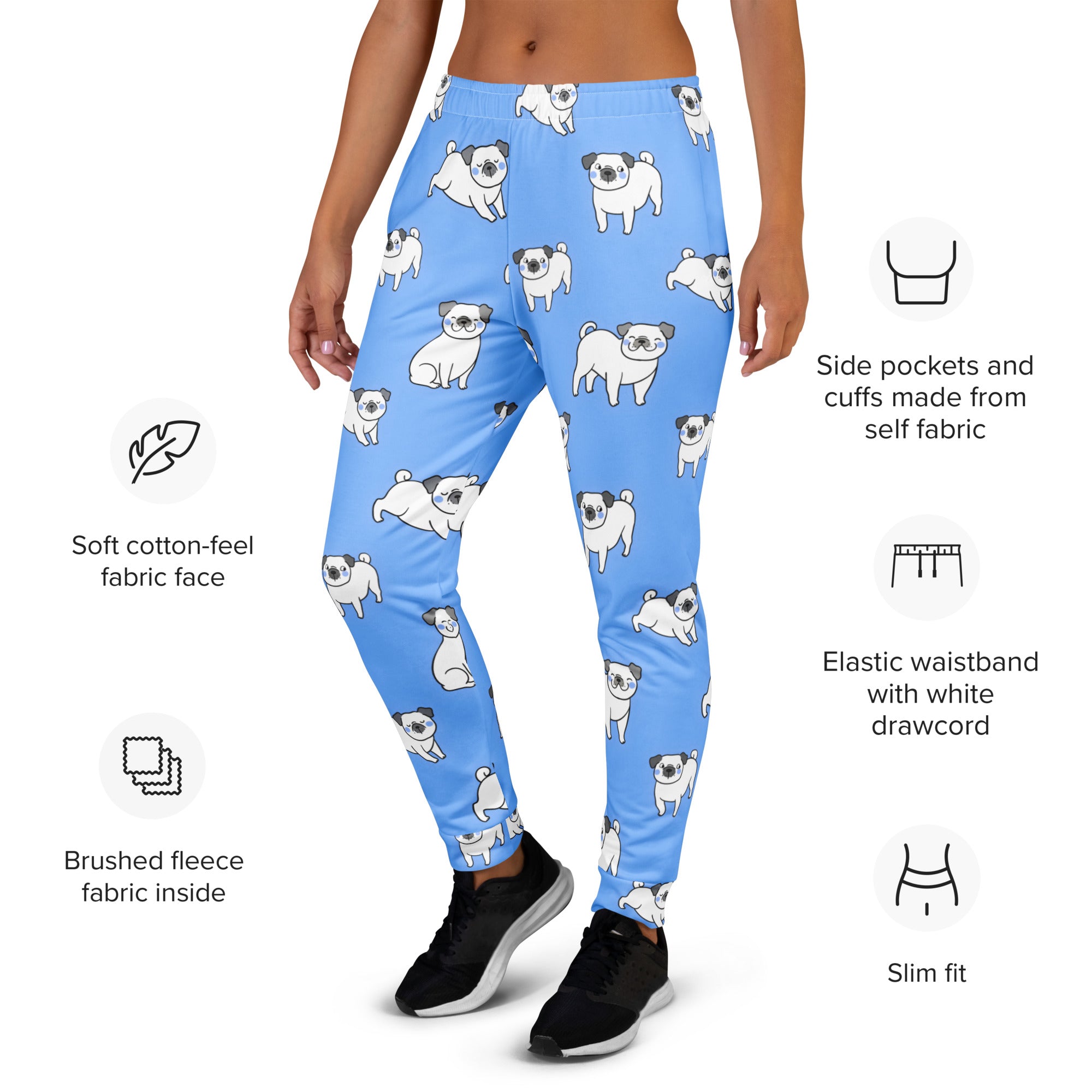 Women’s light blue recycled jogger pants with pockets featuring white pug print and cozy brushed fleece inside
