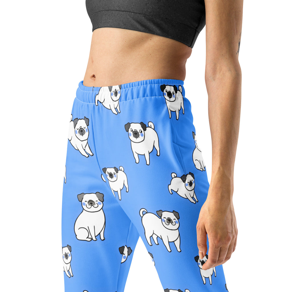Women’s blue recycled jogger pants with pockets featuring white pugs with black ears cozy brushed fleece lining