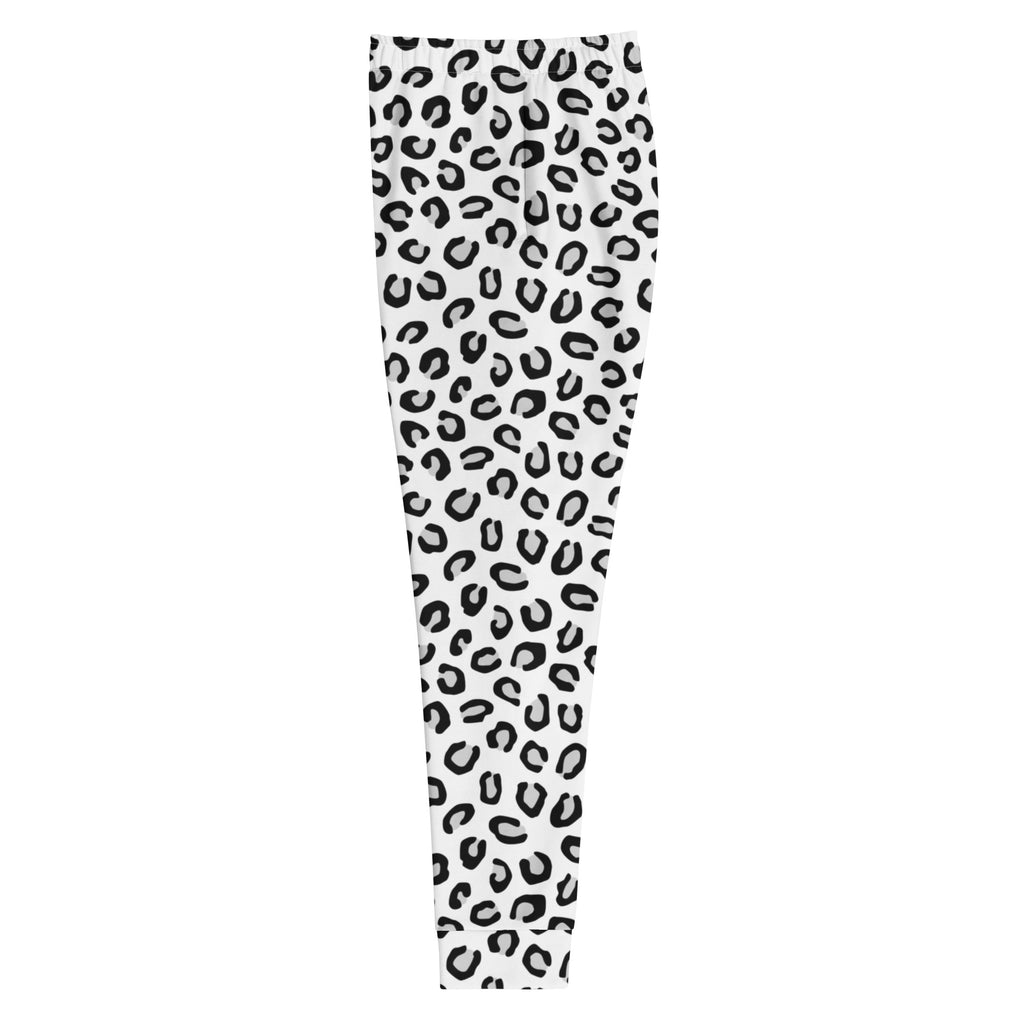 White leggings with bold black leopard print pattern made from cozy recycled fleece with pockets