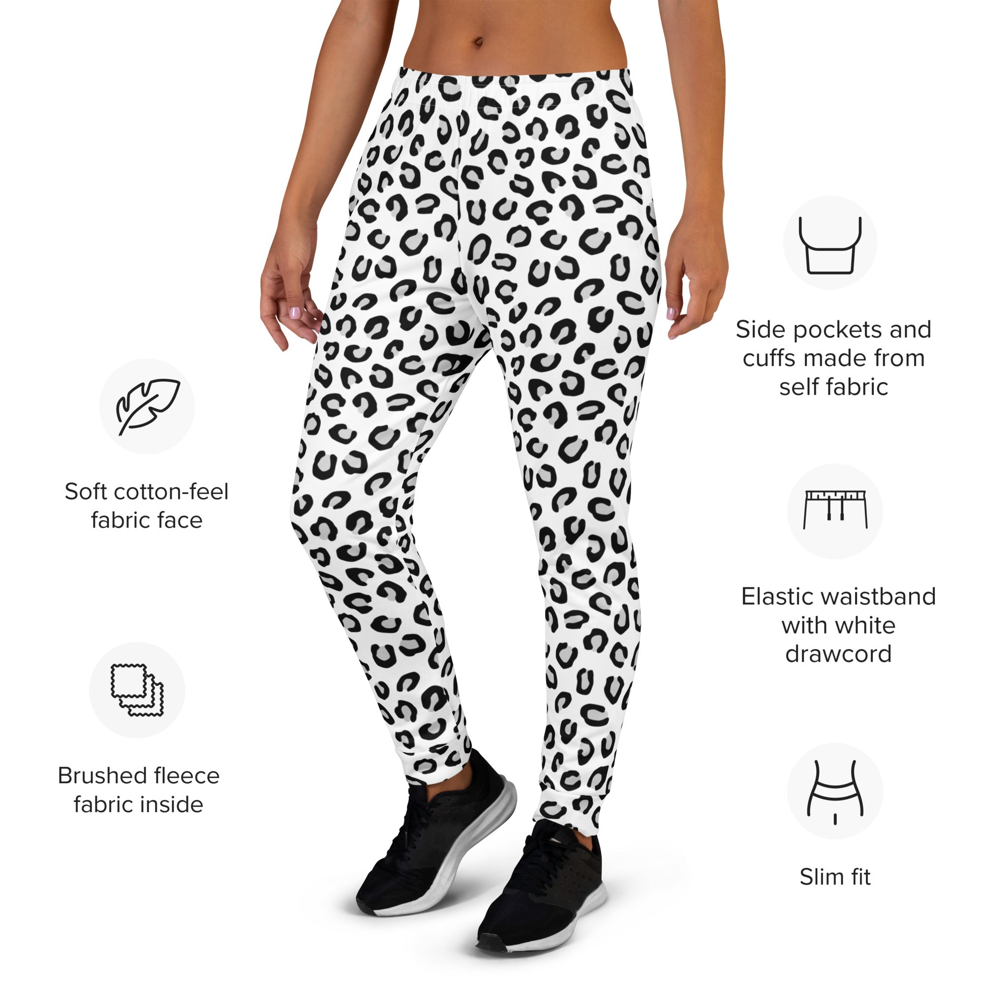 Women’s white leggings with bold black leopard print featuring soft cotton feel fabric and cozy brushed fleece lining