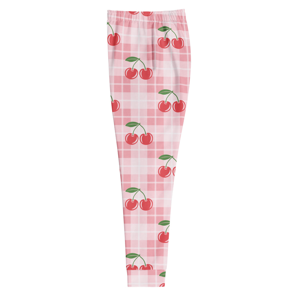 Women’s pink and white plaid recycled jogger pants with red cherry pattern cozy brushed fleece inside and pockets
