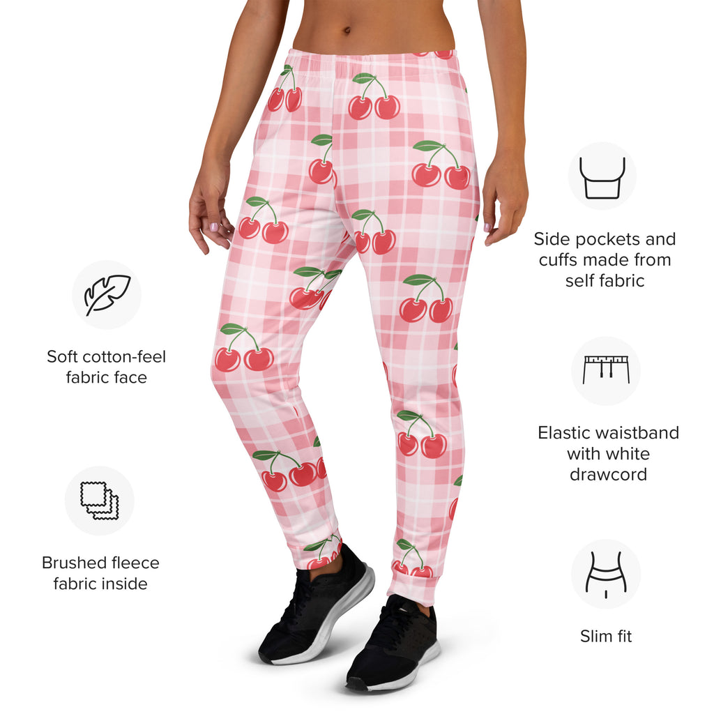 Women’s pink cherry plaid recycled jogger pants with pockets featuring soft cotton-feel fabric and cozy fleece inside