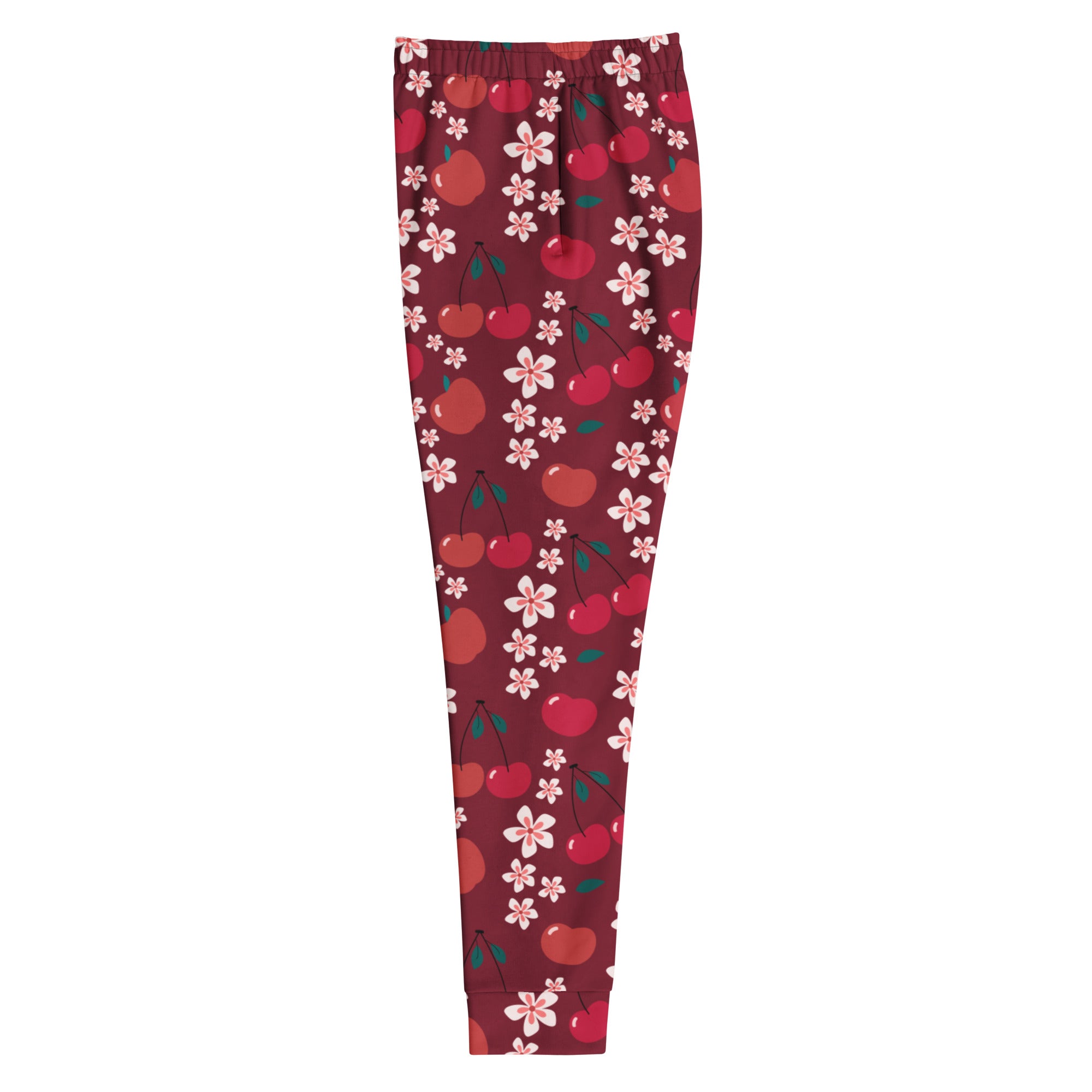 Women’s maroon cherry blossom recycled jogger pants with cozy brushed fleece inside and playful red cherry and pink flower pattern