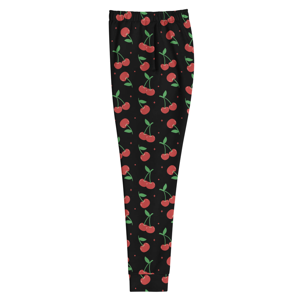 Women’s black cherry recycled jogger pants with pockets cozy brushed inside fleece and playful red cherry pattern