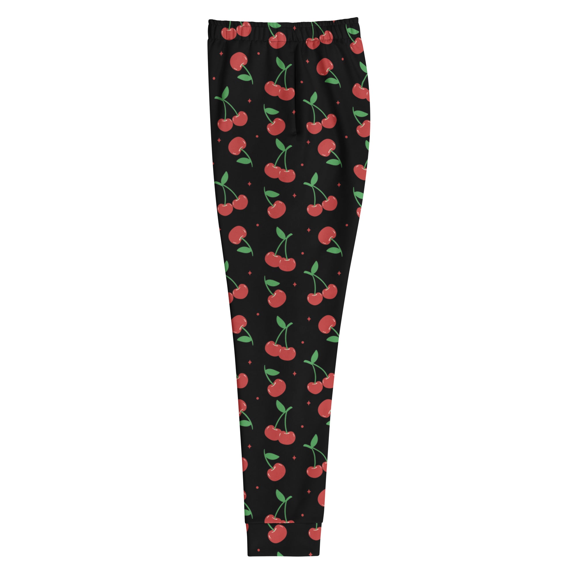 Women’s black cherry recycled jogger pants with pockets cozy brushed inside fleece and playful red cherry pattern